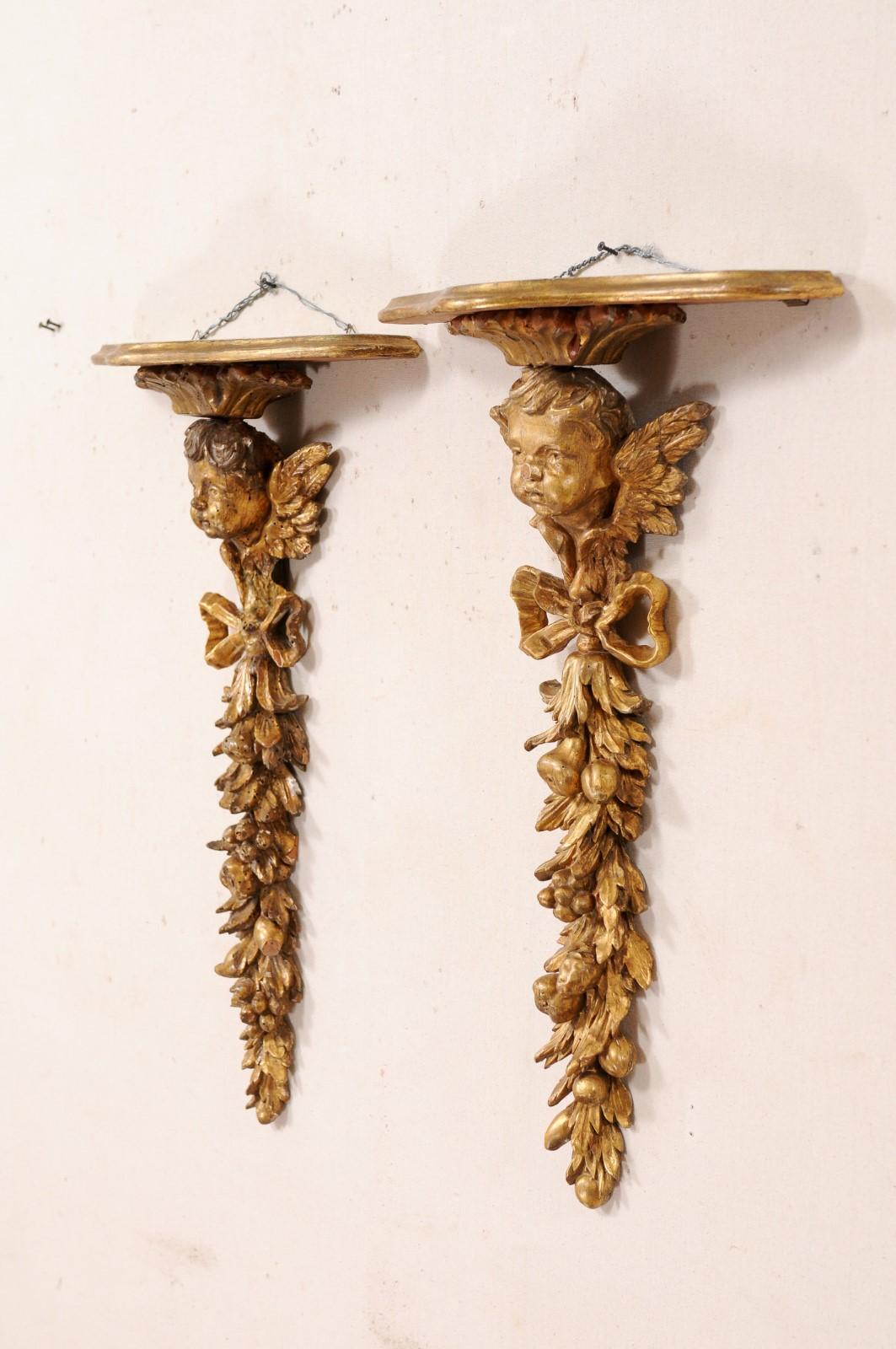 19th Century Italian Pair of Antique Carved and Giltwood Putti & Garland Fragments with Shelf