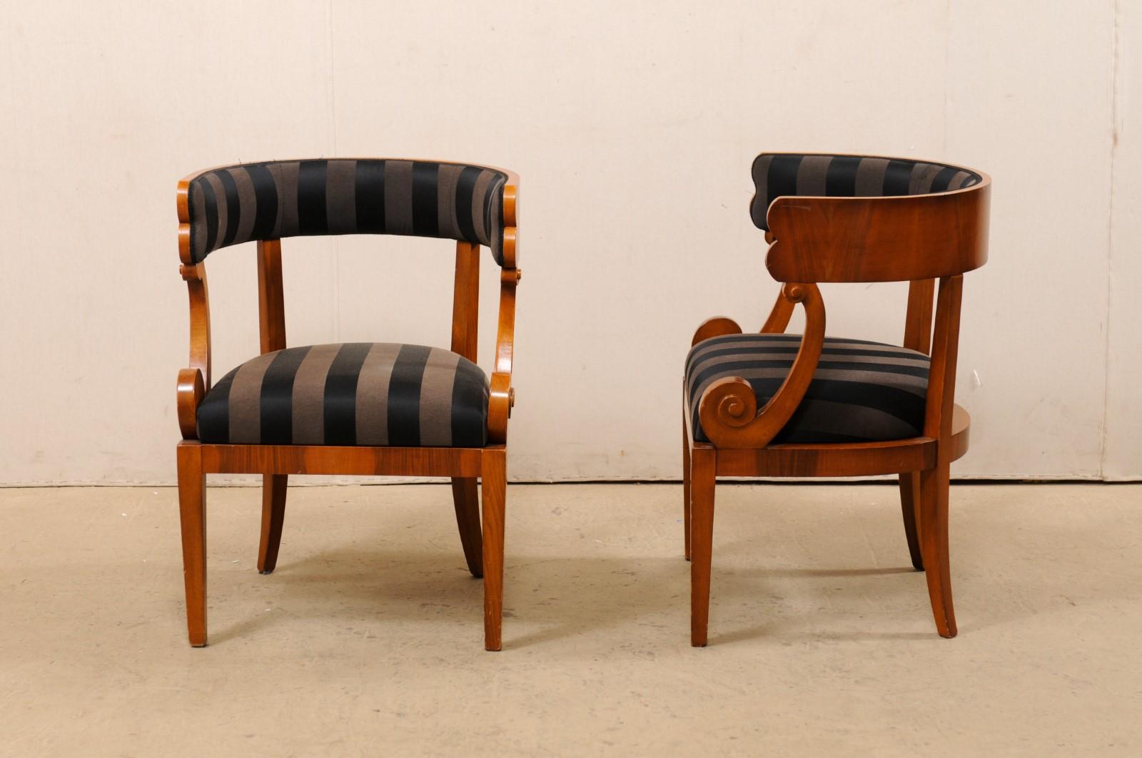 Italian Pair of Barrel Back Chairs with Beautiful Volute-Carved Arm Supports 5
