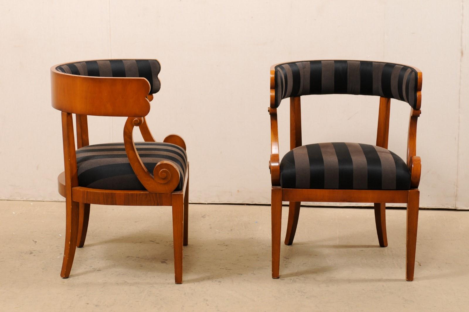 20th Century Italian Pair of Barrel Back Chairs with Beautiful Volute-Carved Arm Supports