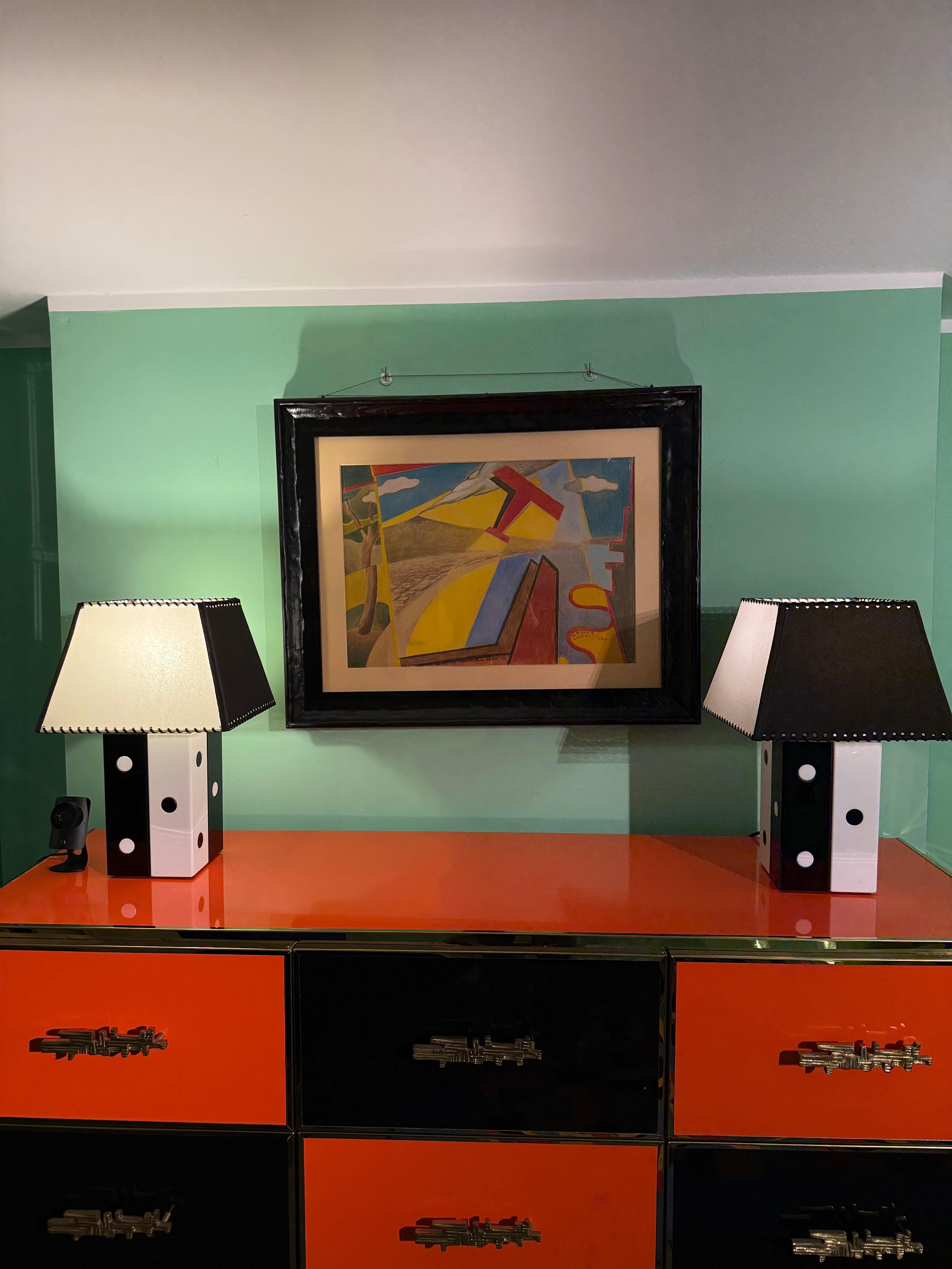 Paire de lampes de table italiennes Pois noir et blanc 1960 circa Bon état - En vente à Milano, IT