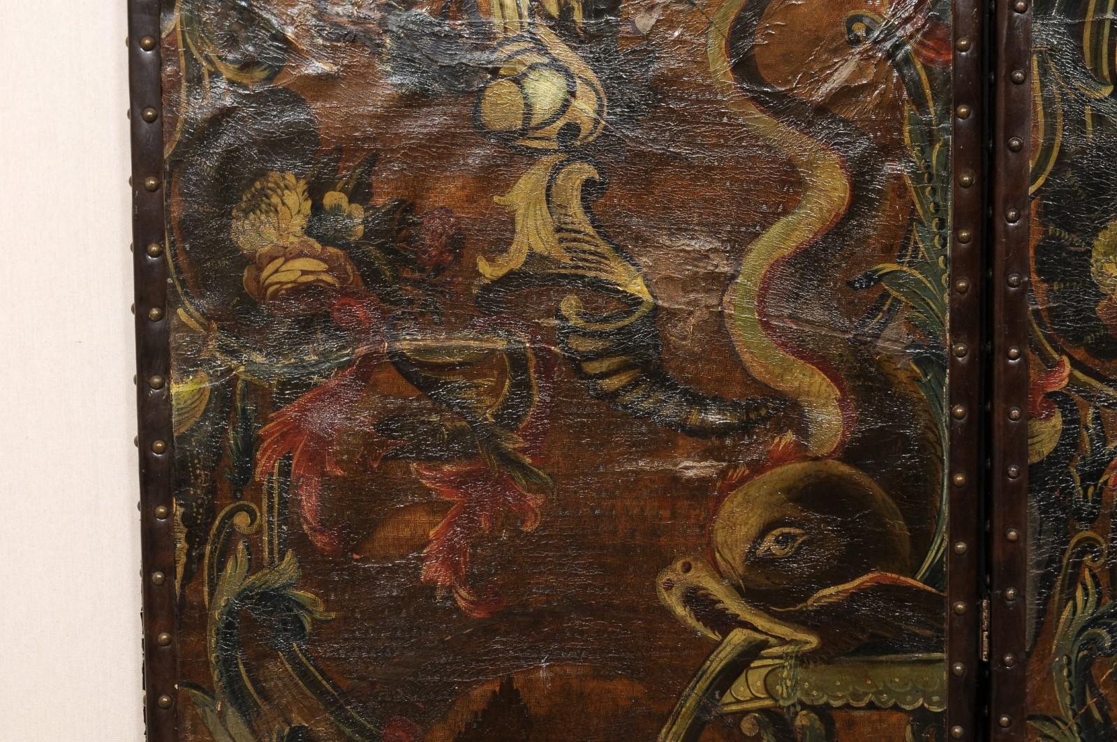 Italian Pair of Leather Embossed Room Dividers, Turn of the 17th & 18th Century For Sale 3
