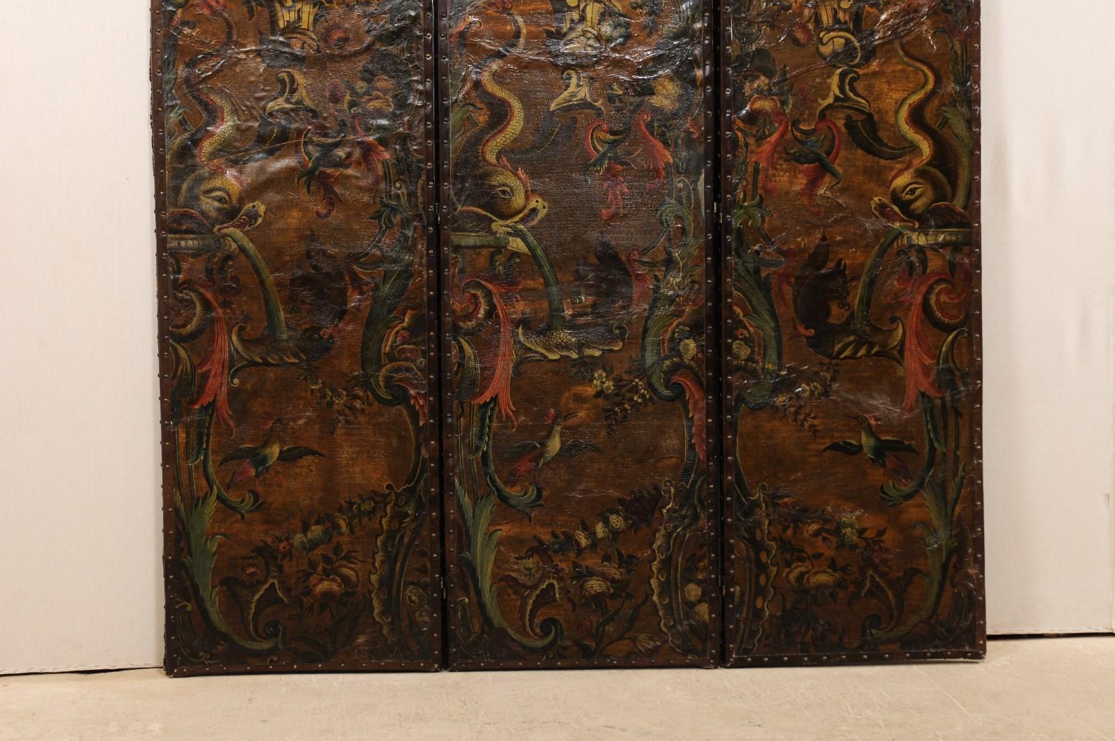 Wood Italian Pair of Leather Embossed Room Dividers, Turn of the 17th & 18th Century For Sale