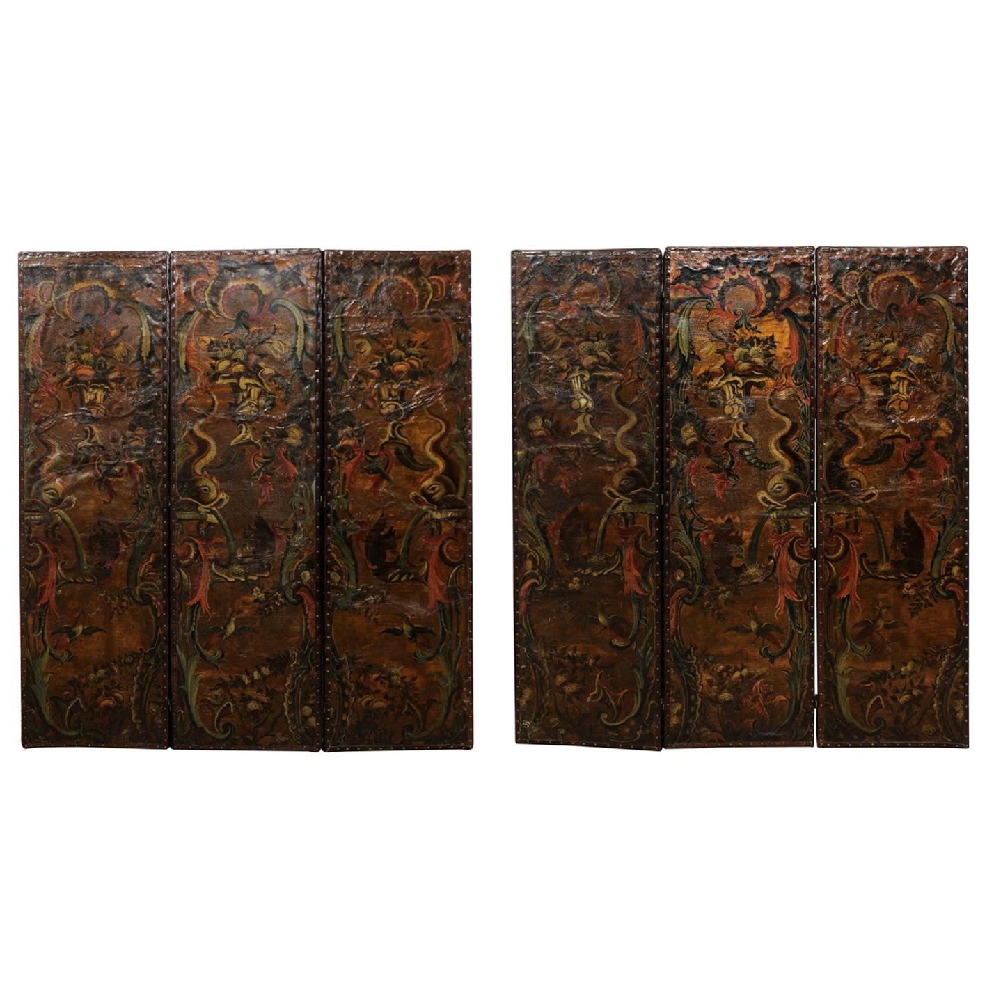 Italian Pair of Leather Embossed Room Dividers, Turn of the 17th & 18th Century