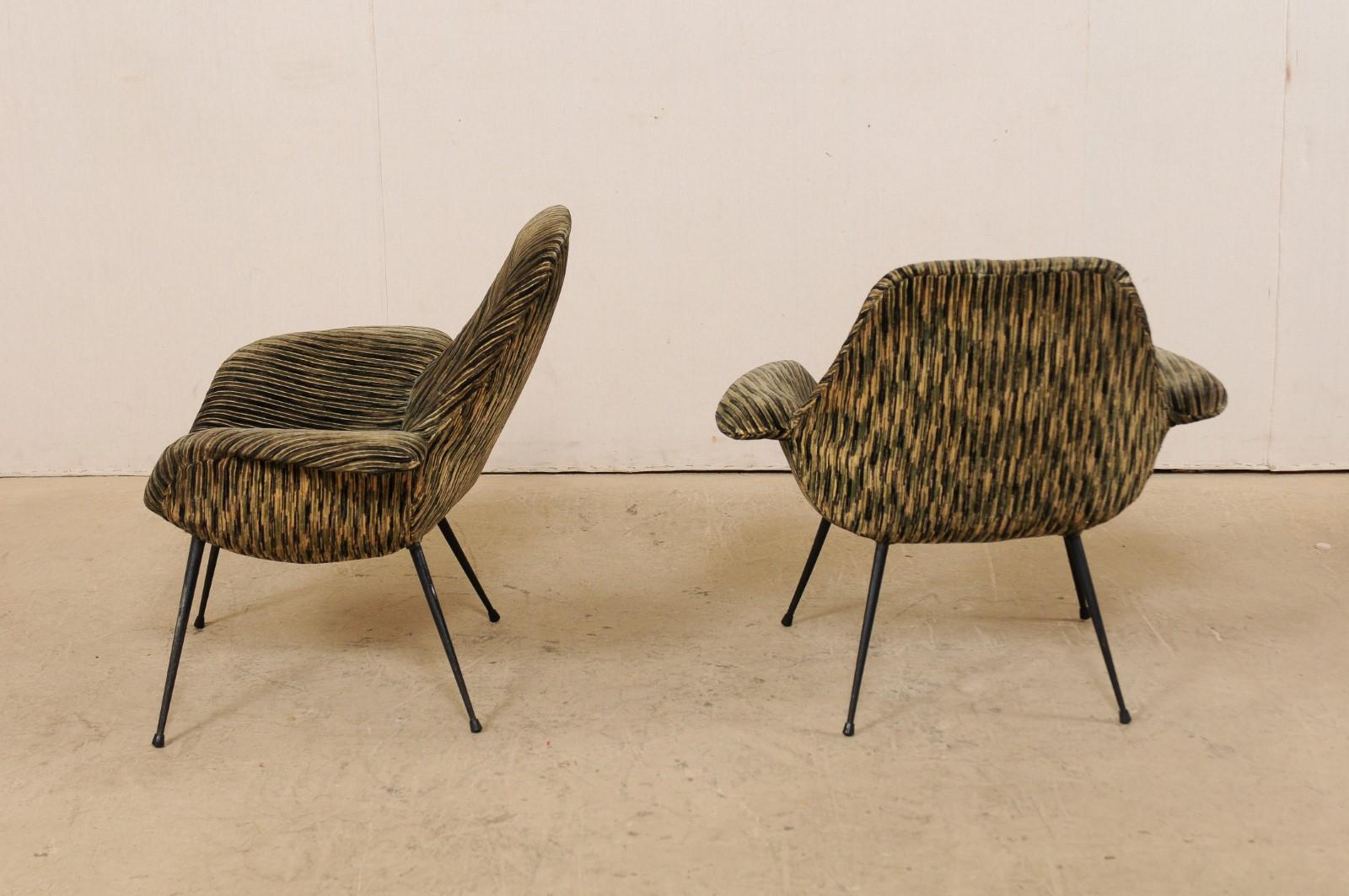 Italian Pair of Mid-Century Modern Club Chairs, Upholstered with Iron Legs 5