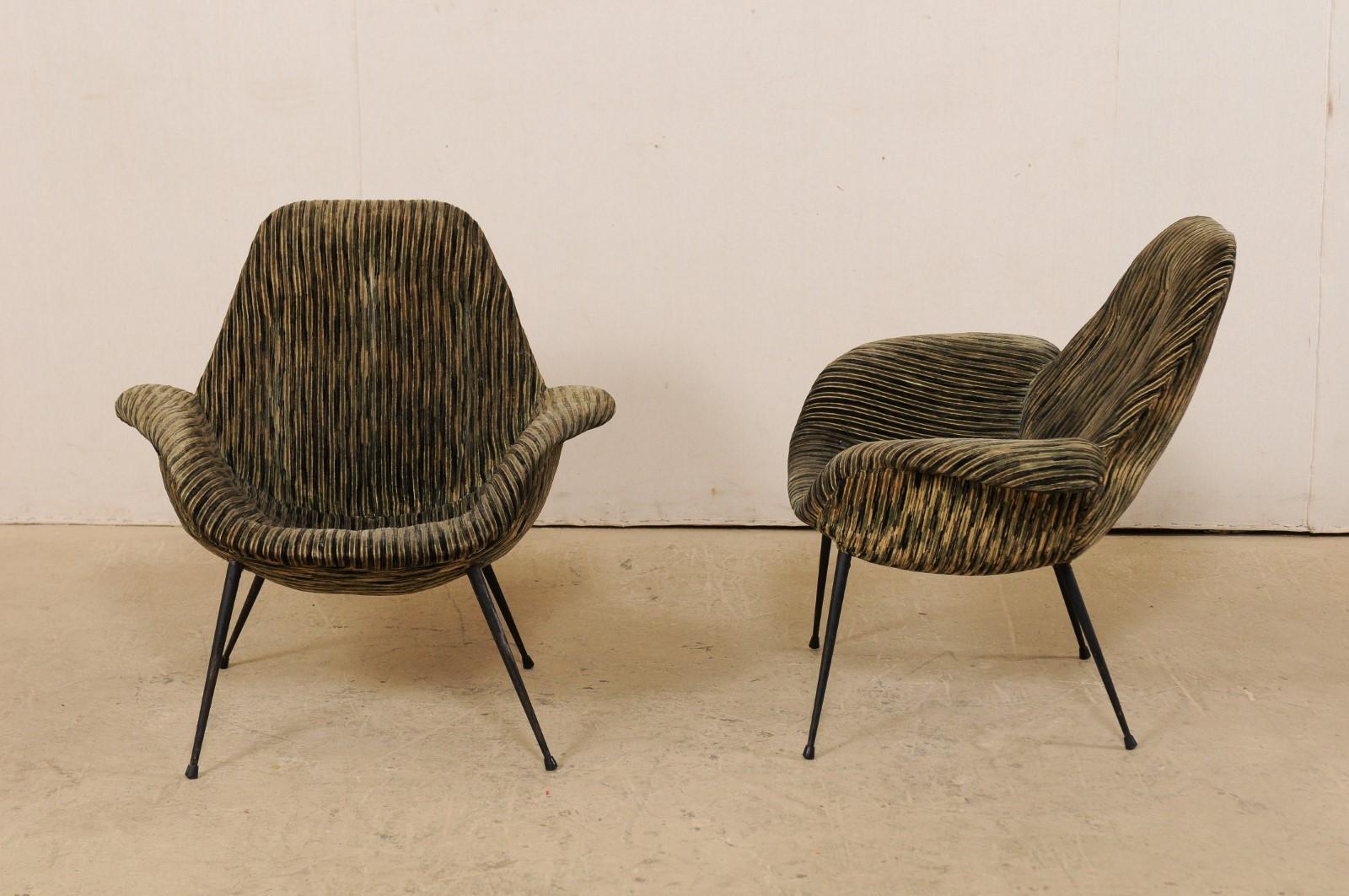 Italian Pair of Mid-Century Modern Club Chairs, Upholstered with Iron Legs 6