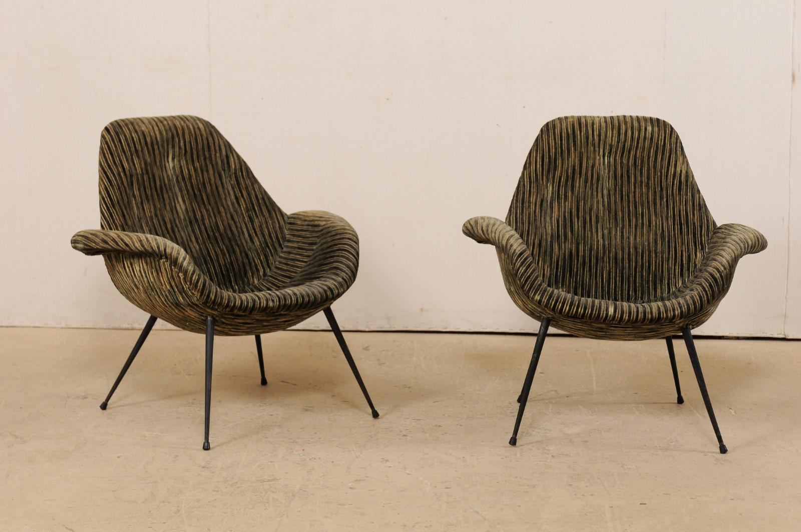 Italian Pair of Mid-Century Modern Club Chairs, Upholstered with Iron Legs In Good Condition In Atlanta, GA