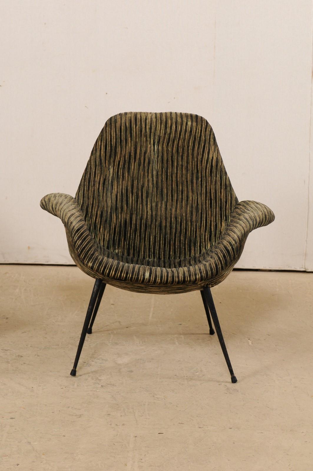 Italian Pair of Mid-Century Modern Club Chairs, Upholstered with Iron Legs 1