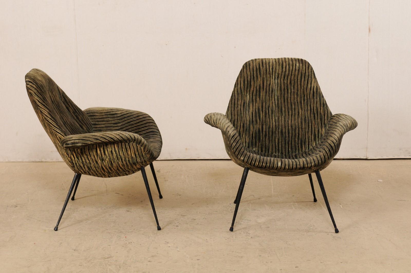 Italian Pair of Mid-Century Modern Club Chairs, Upholstered with Iron Legs 2