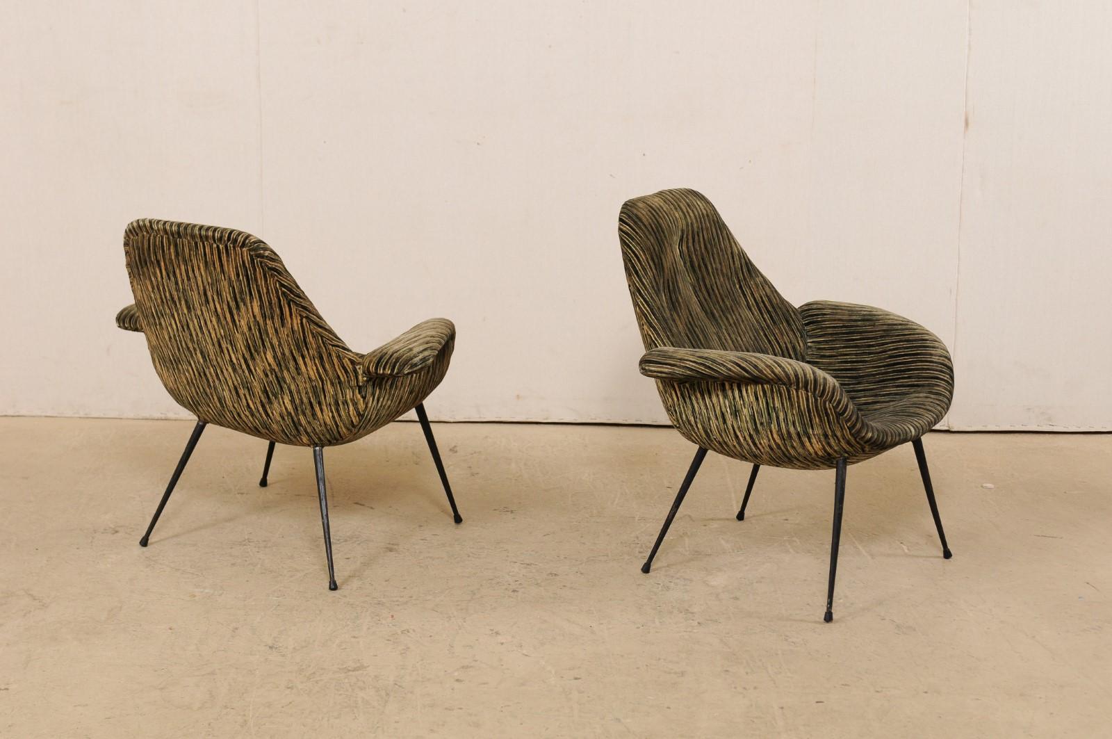 Italian Pair of Mid-Century Modern Club Chairs, Upholstered with Iron Legs 3