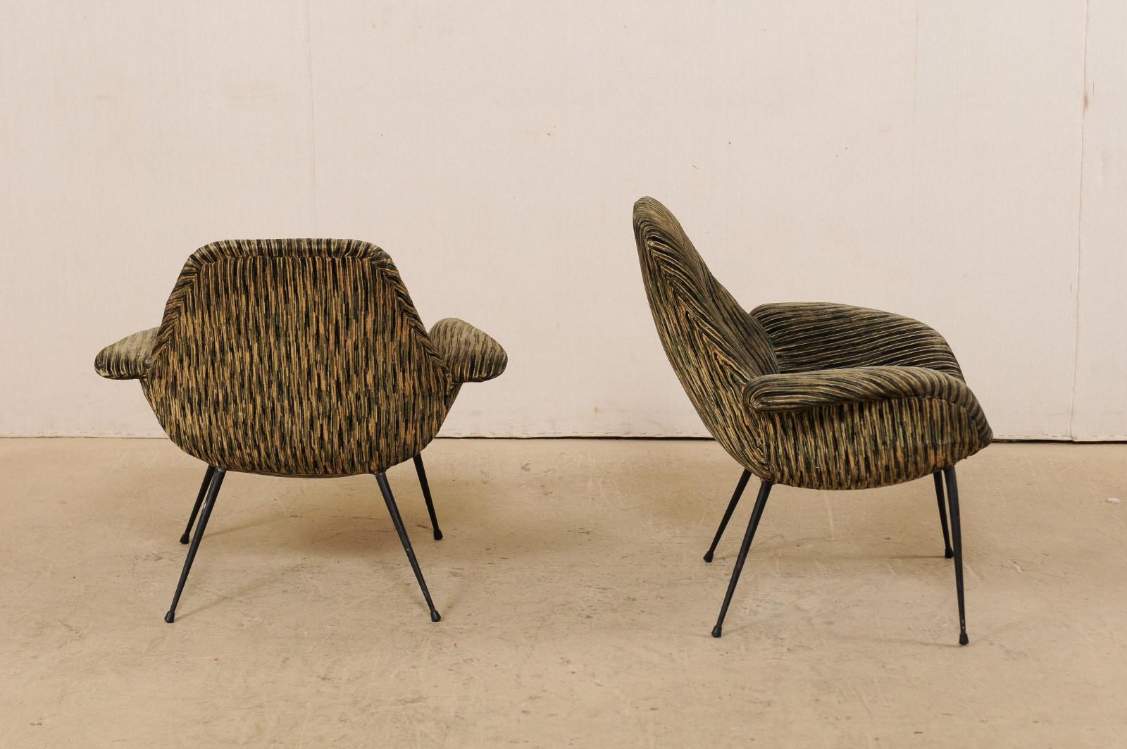 Italian Pair of Mid-Century Modern Club Chairs, Upholstered with Iron Legs 4