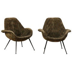 Italian Pair of Mid-Century Modern Club Chairs, Upholstered with Iron Legs