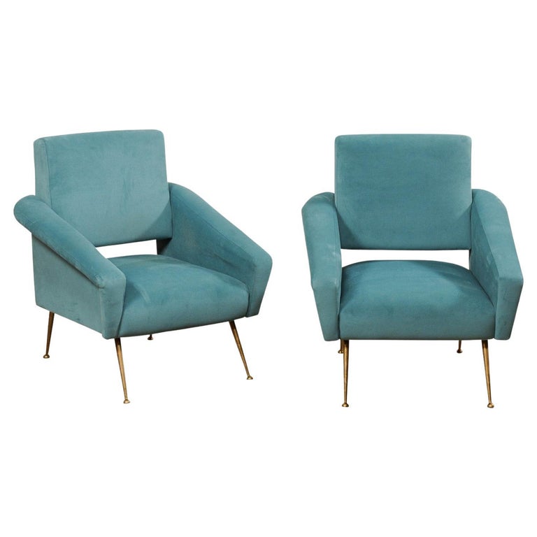 Italian Pair of MidCentury Modern Upholstered Club Chairs For Sale at