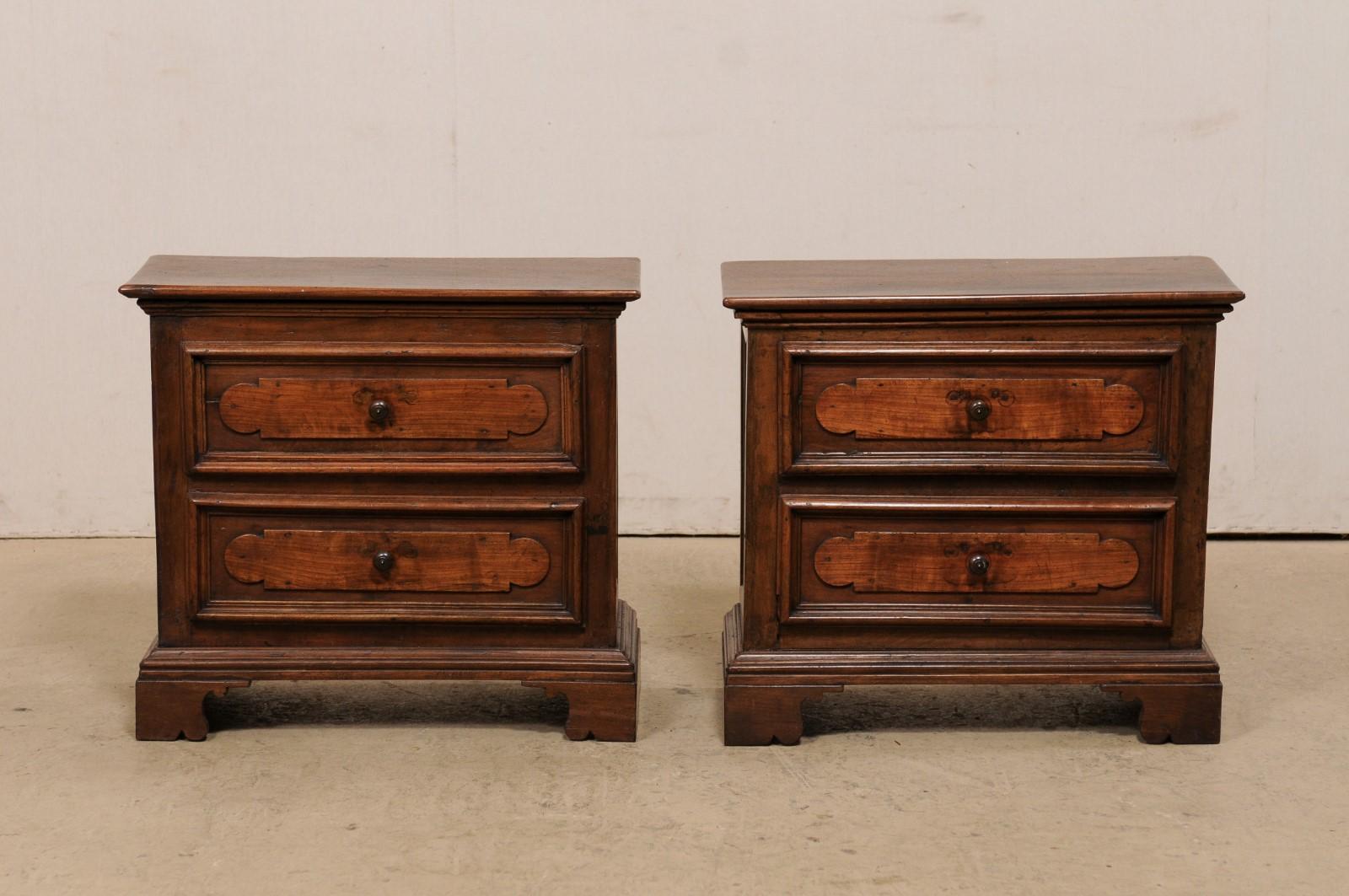 Italian Pair of Walnut Side-Chests with Decoratively Paneled Drawer Fronts In Good Condition For Sale In Atlanta, GA