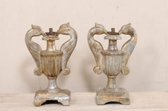 Italian Pair of Wood Candle Lamp Urns with Carved Bird Handles, 19th Century