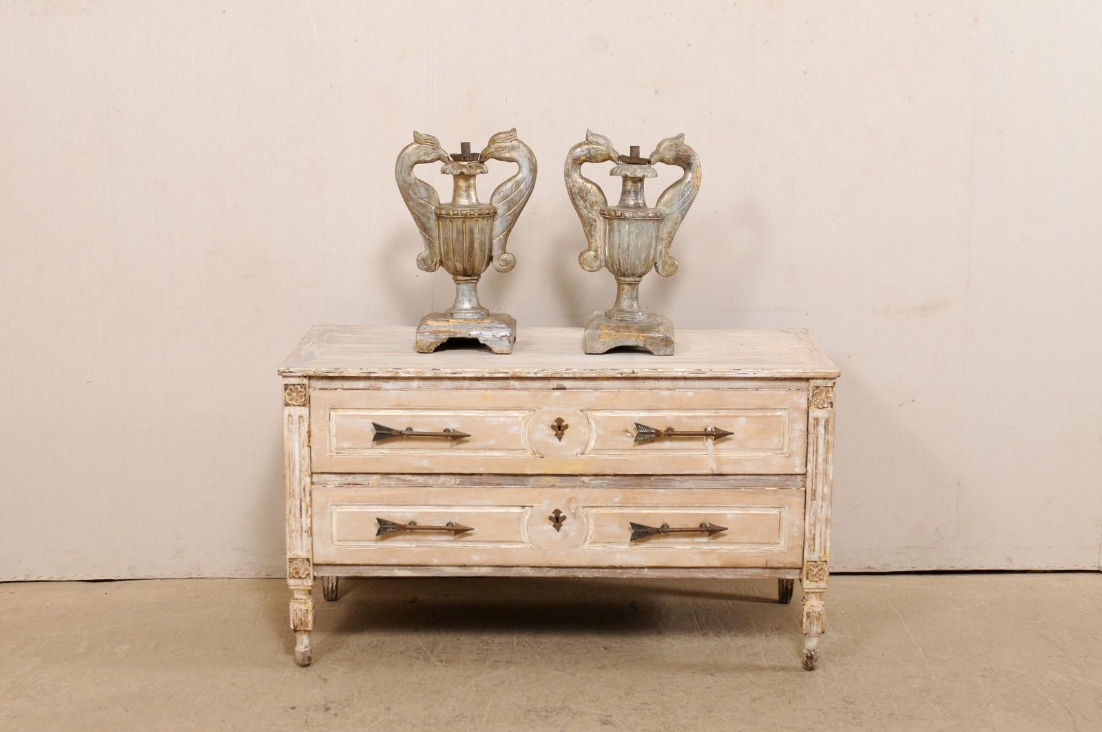 Italian Pair of Wood Candle Lamp Urns with Carved Bird Handles, 19th Century In Good Condition For Sale In Atlanta, GA
