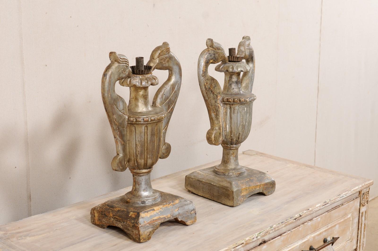 Italian Pair of Wood Candle Lamp Urns with Carved Bird Handles, 19th Century For Sale 2