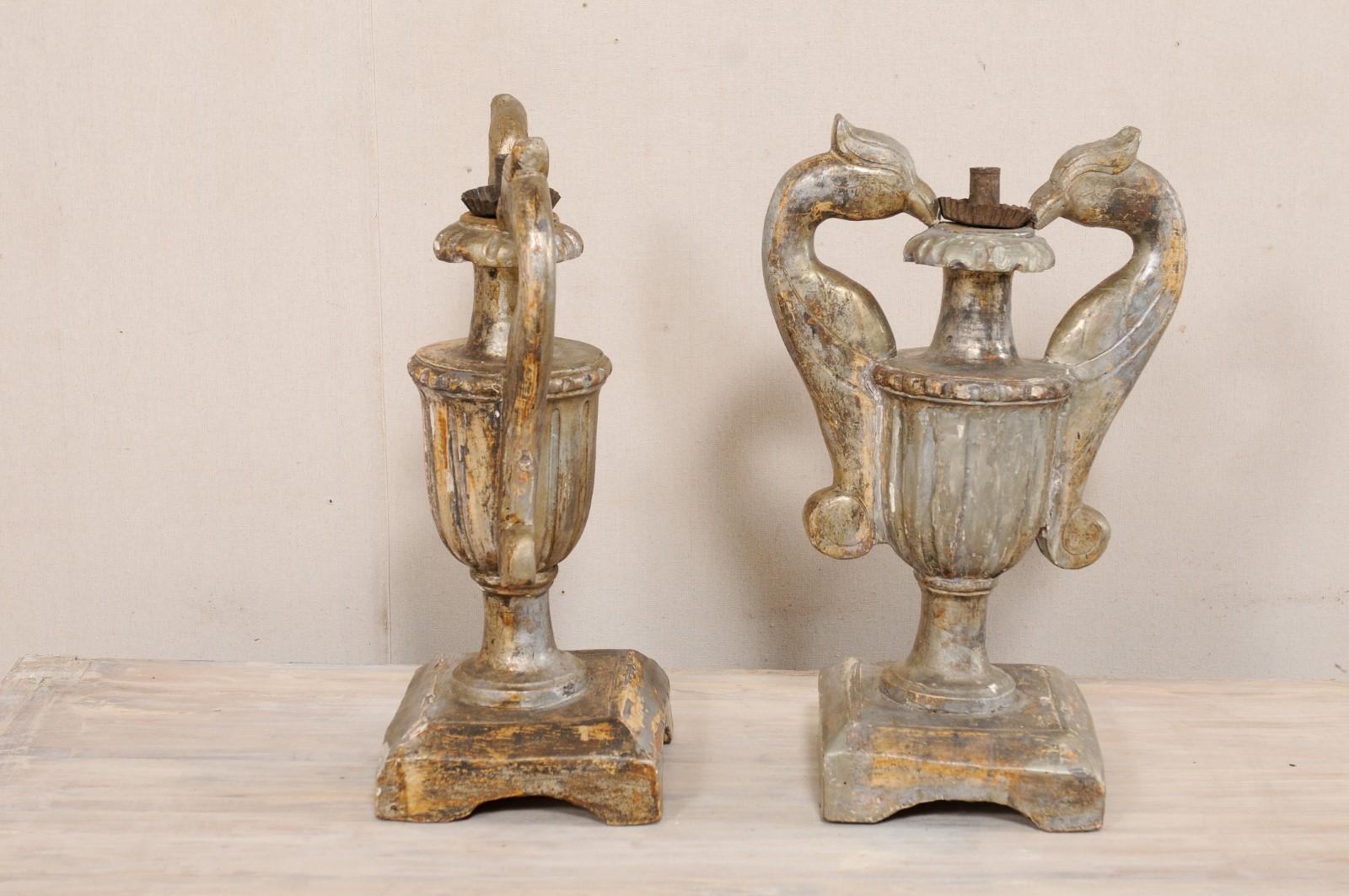 Italian Pair of Wood Candle Lamp Urns with Carved Bird Handles, 19th Century For Sale 3