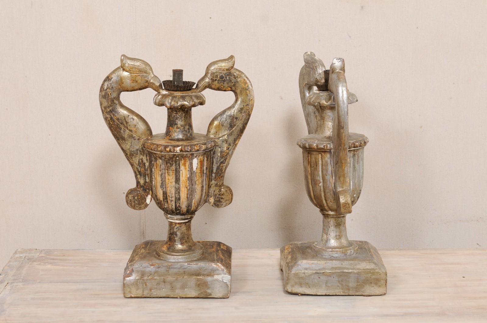 Italian Pair of Wood Candle Lamp Urns with Carved Bird Handles, 19th Century For Sale 4
