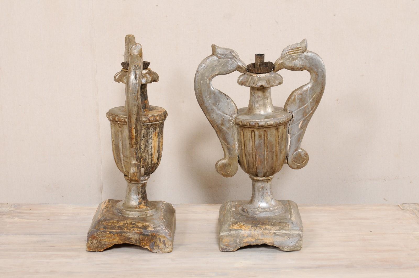 Italian Pair of Wood Candle Lamp Urns with Carved Bird Handles, 19th Century For Sale 5