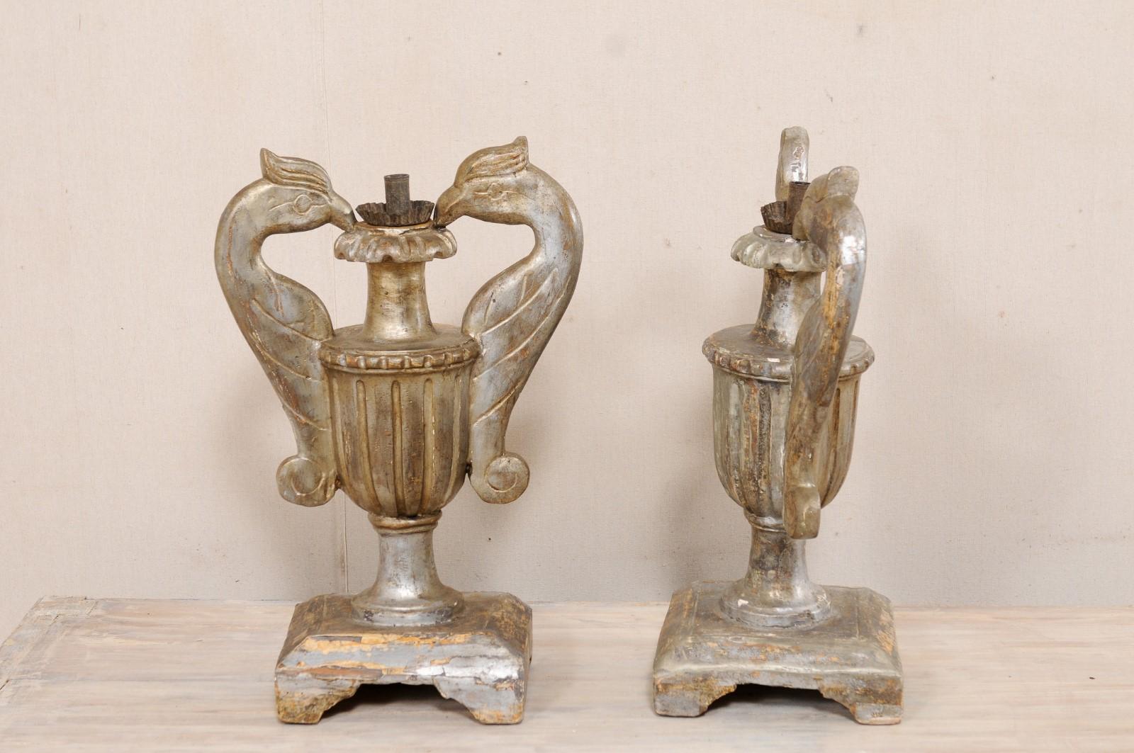Italian Pair of Wood Candle Lamp Urns with Carved Bird Handles, 19th Century For Sale 6
