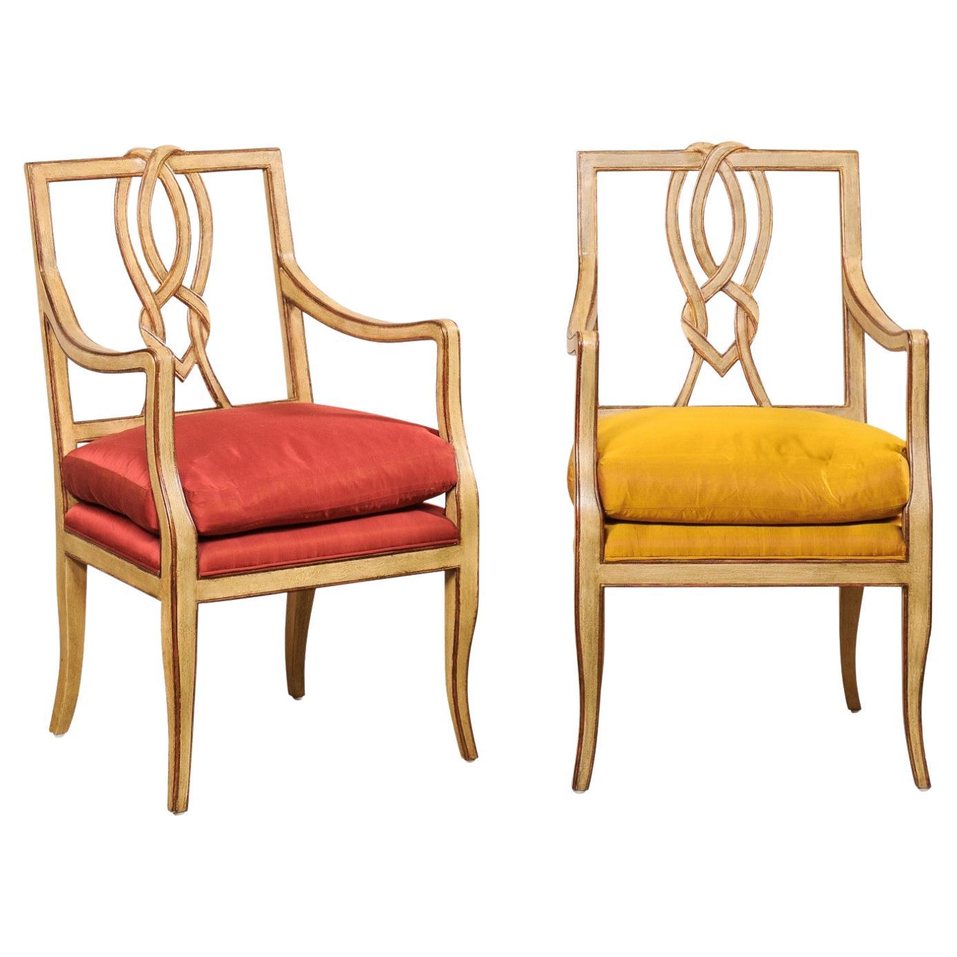 Italian Pair "Running-Knot" Splat Accent Armchairs with Upholstered Seats For Sale