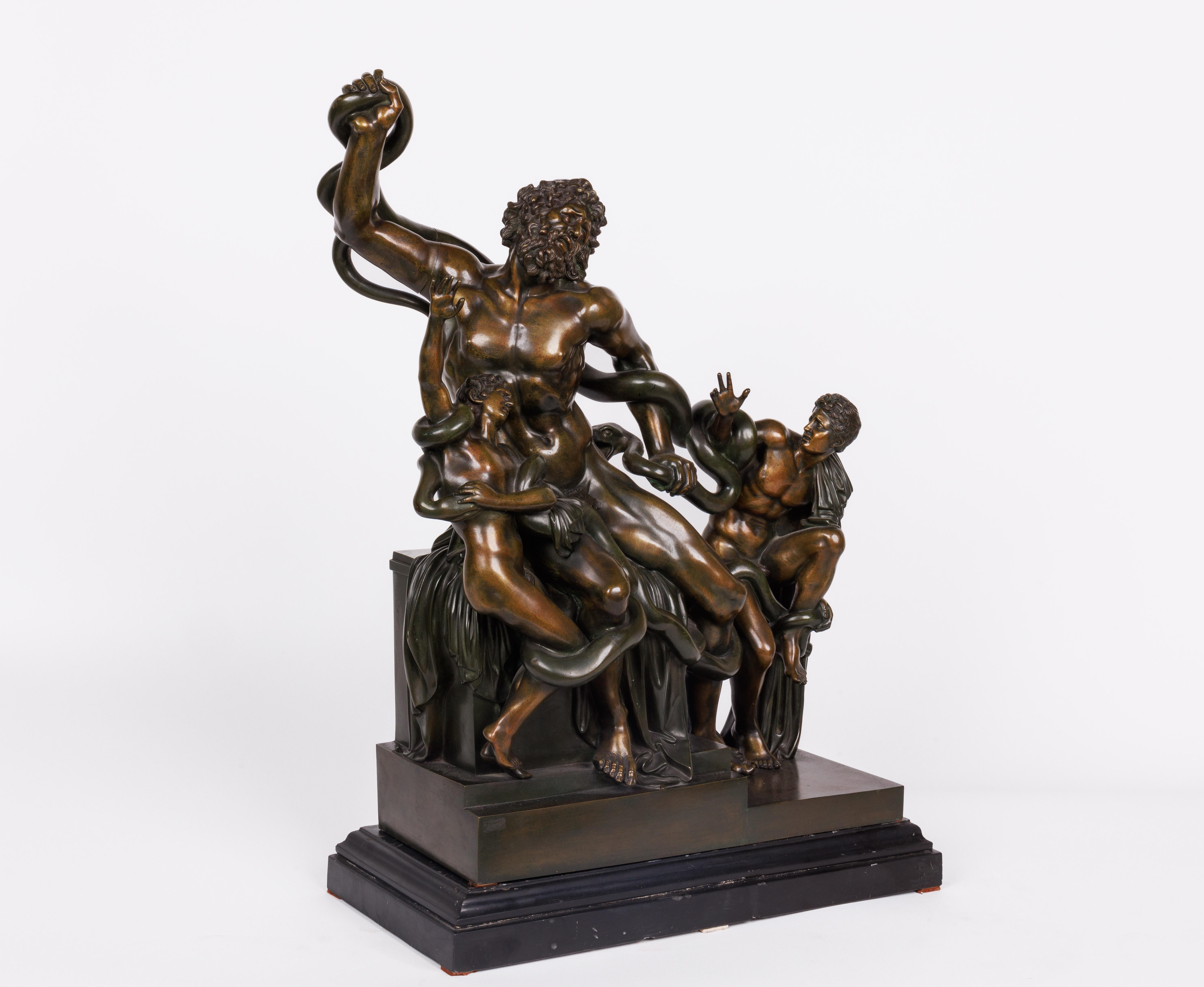 An Italian grand tour patinated bronze group sculpture of Laocoon and his sons, After the antique by Agesander of Rhodes, C. 1870

Very nice quality sculpture, sitting on a black slate base. We did not find any marks on this sculpture.

Good
