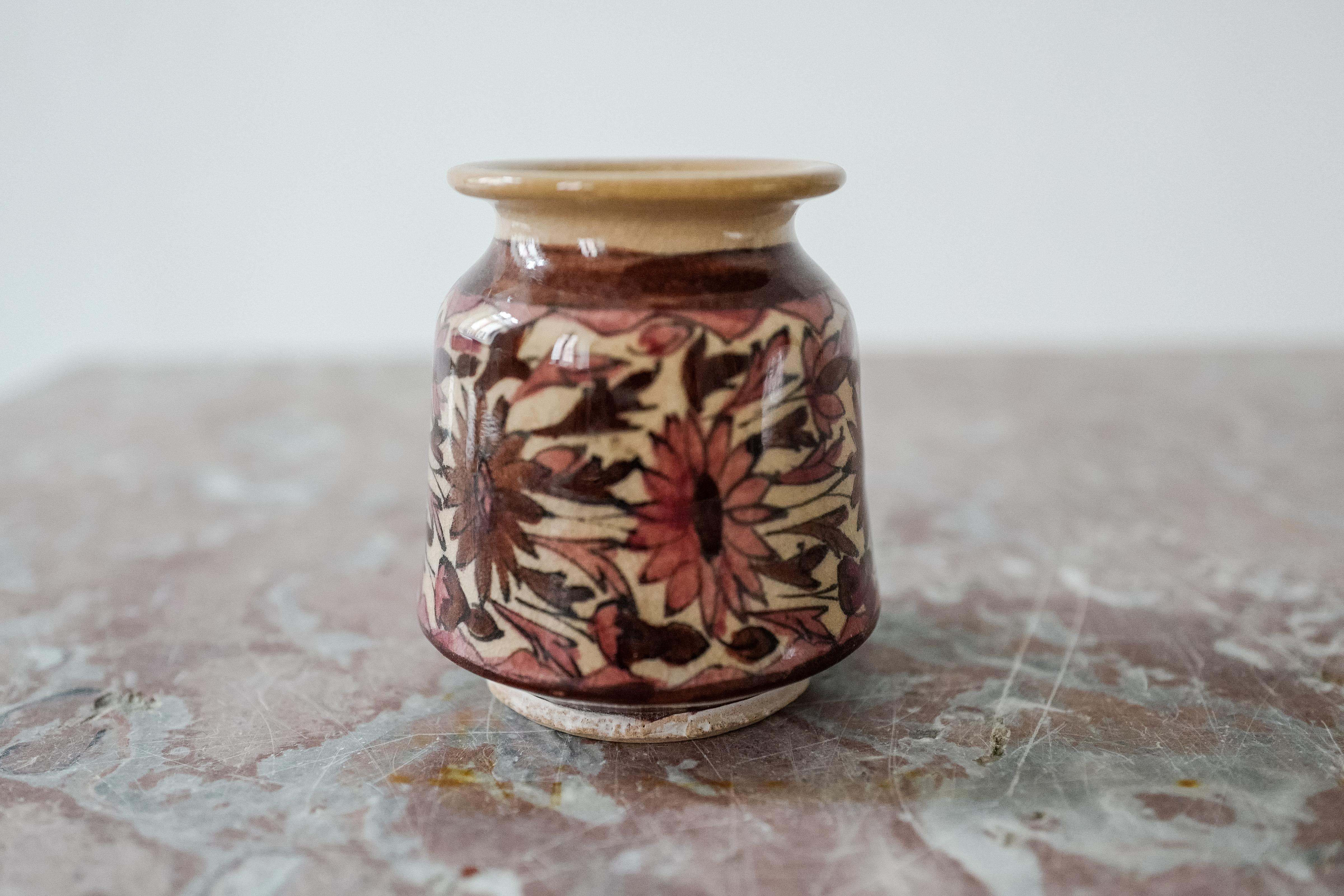 A sweet Sicilian ceramic pink floral vase. Newly made in an antique crackle technique. Hand painted. One of a kind. 