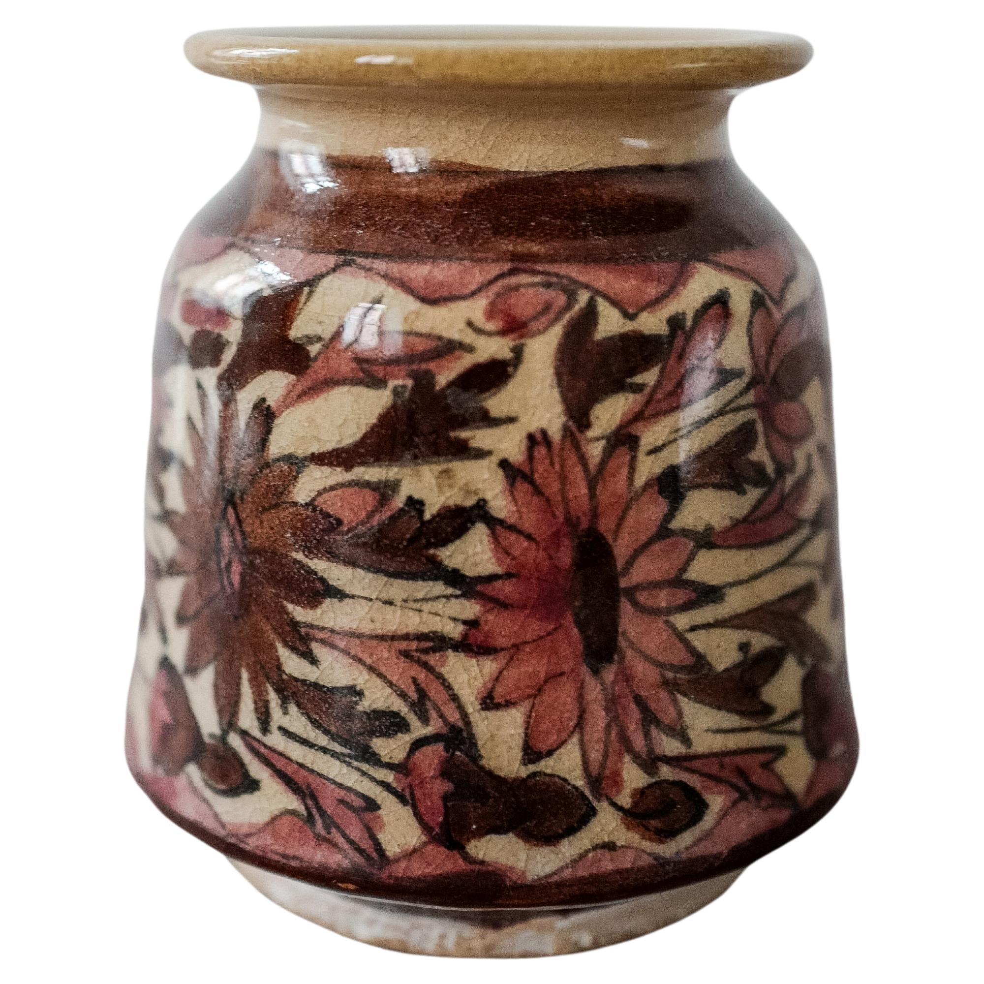 An Italian petit floral pink crackle ceramic vase hand painted For Sale