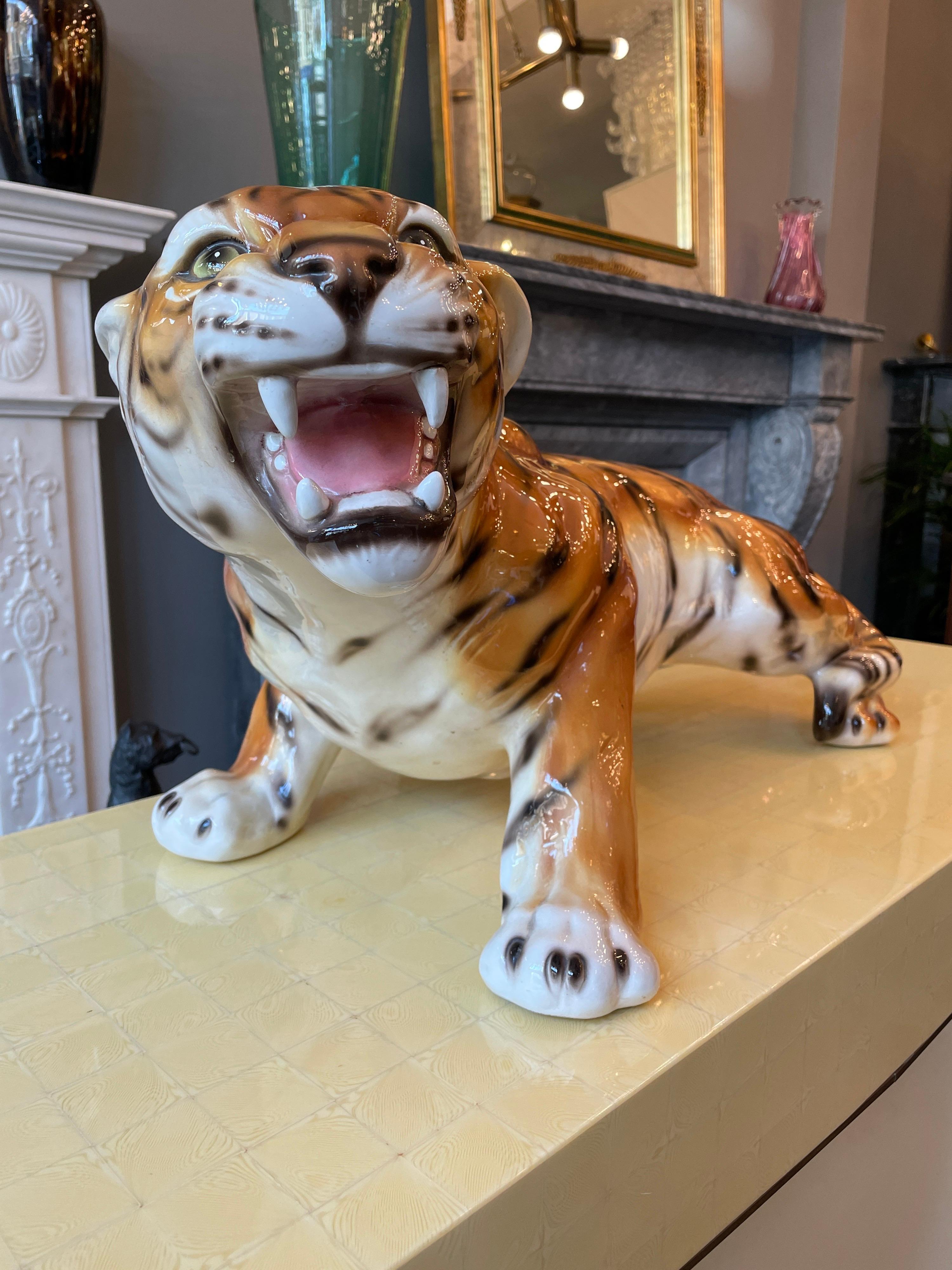 Polychromed Italian Polychrome Ceramic Tiger