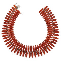 Italian Red Coral and Diamond Double Row Fringe Necklace