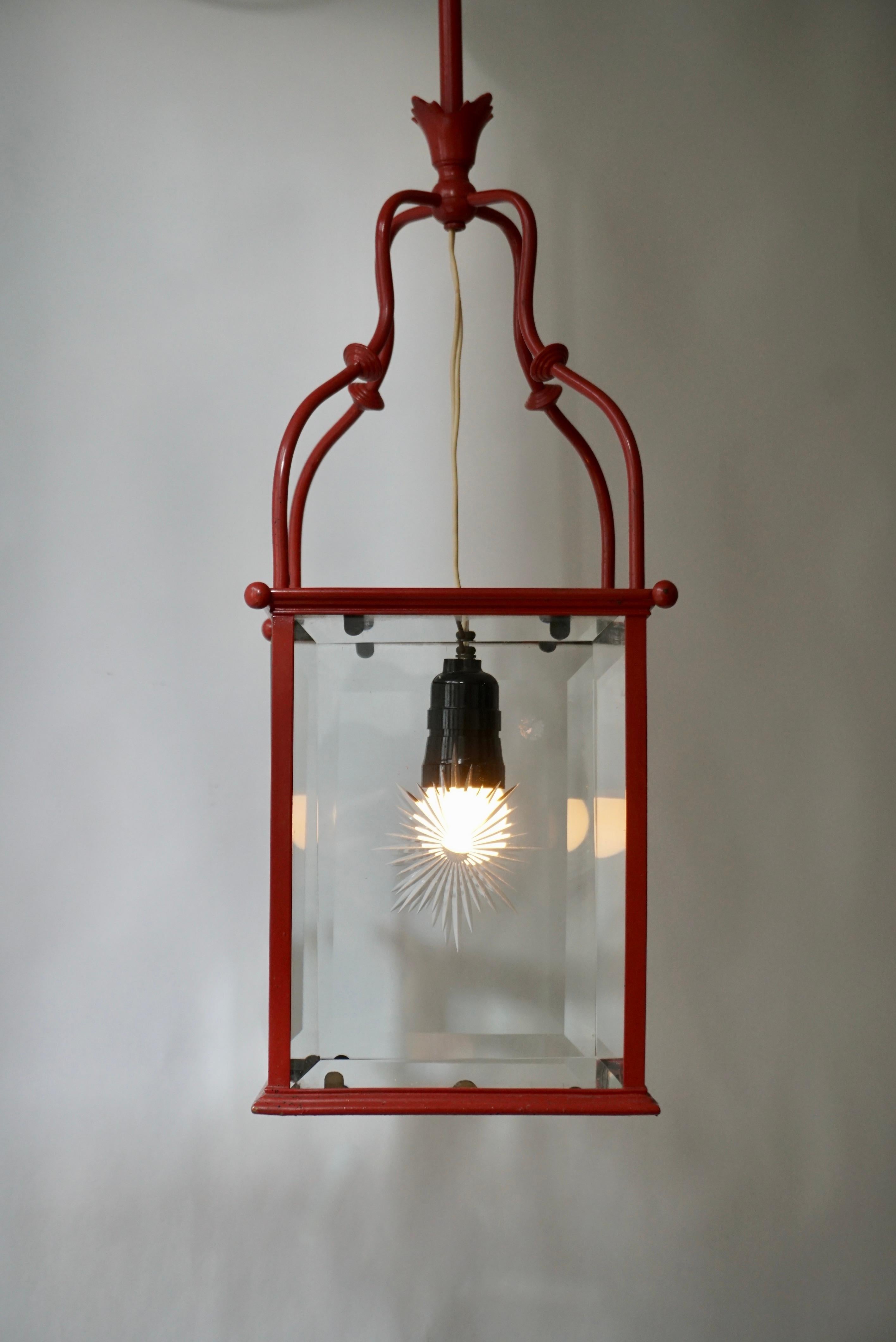 An Italian Red Tole Metal Lantern with Cut Glass, Early 20th C. For Sale 8
