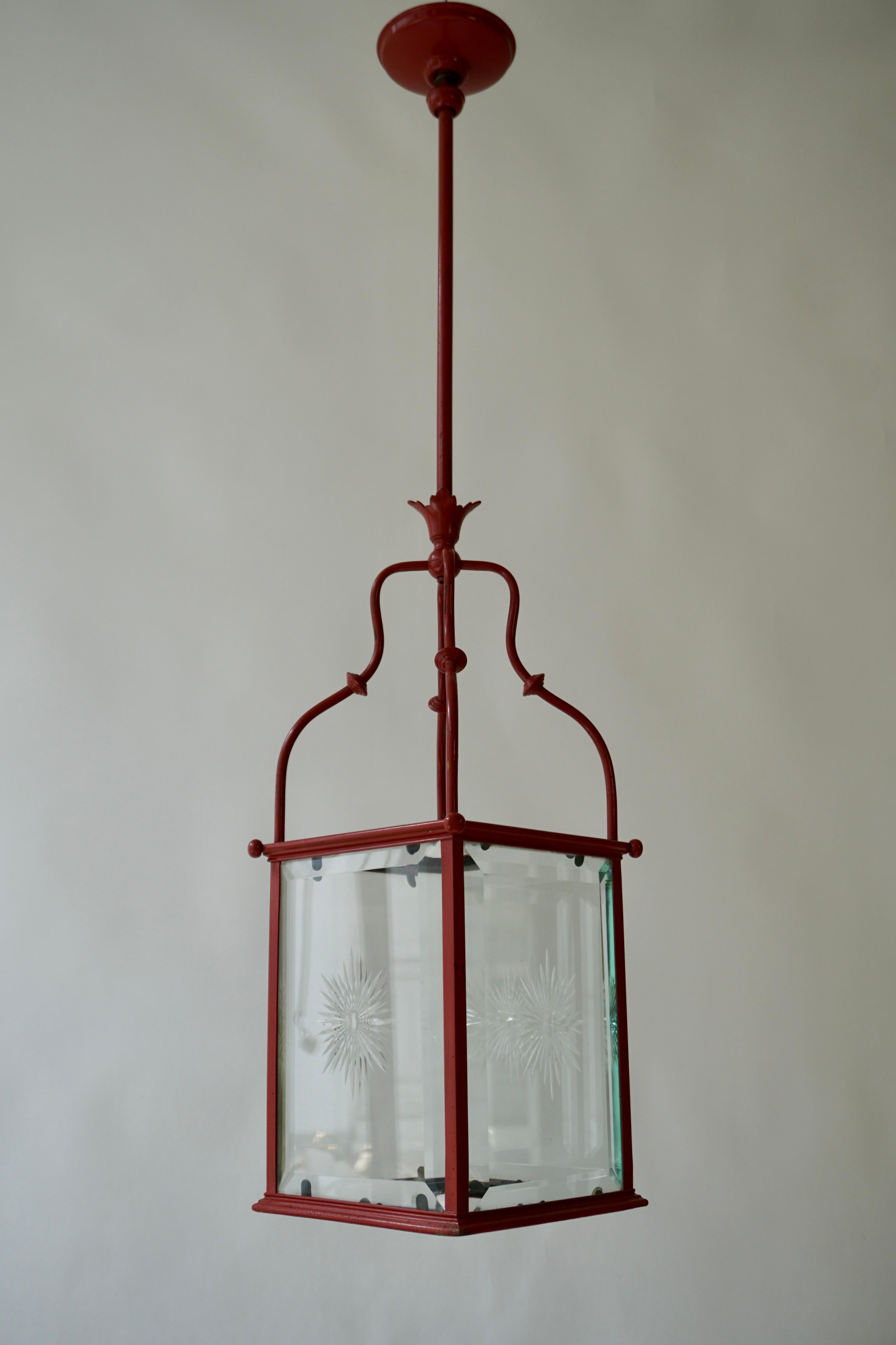 Art Nouveau An Italian Red Tole Metal Lantern with Cut Glass, Early 20th C. For Sale