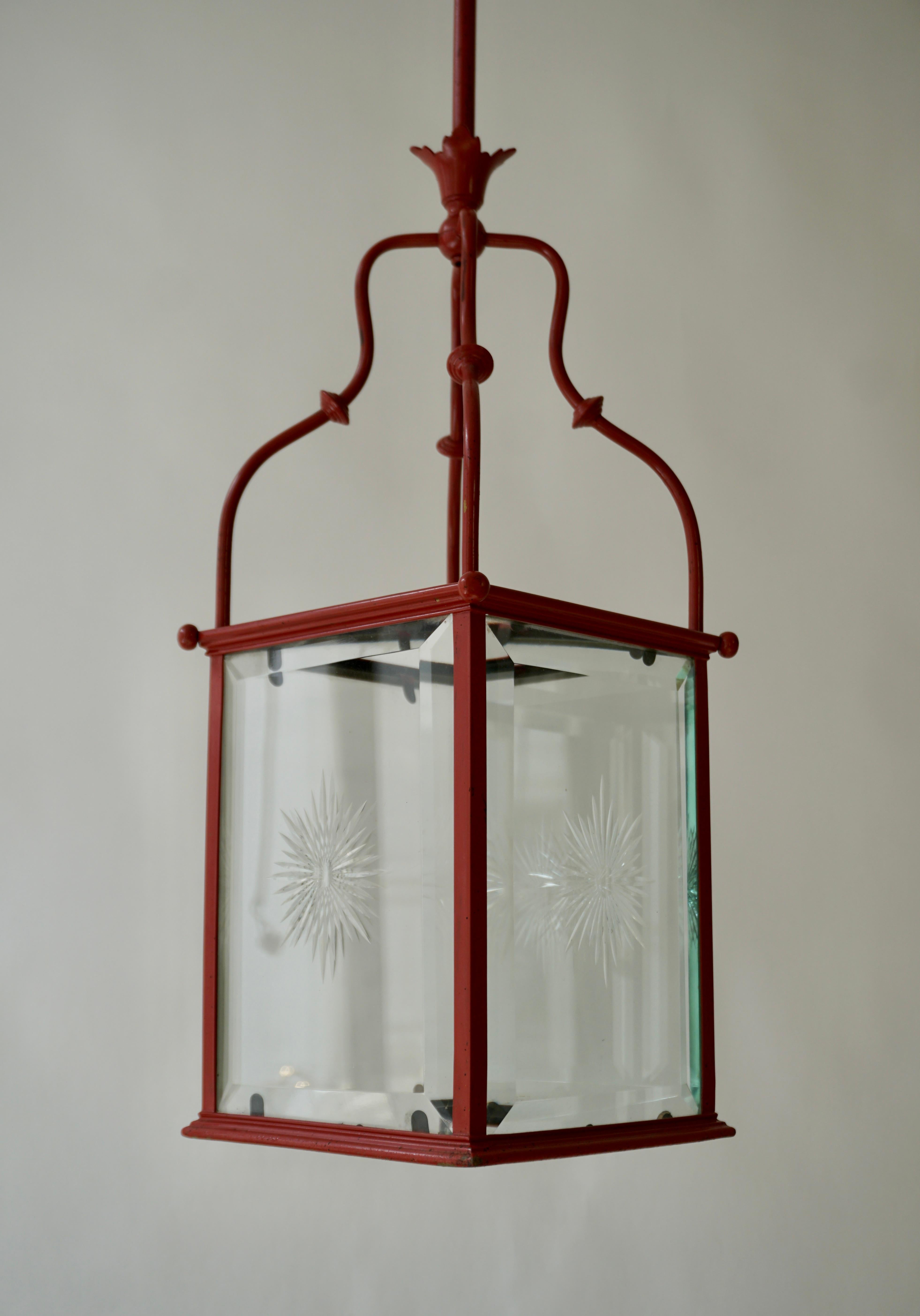 Belgian An Italian Red Tole Metal Lantern with Cut Glass, Early 20th C. For Sale