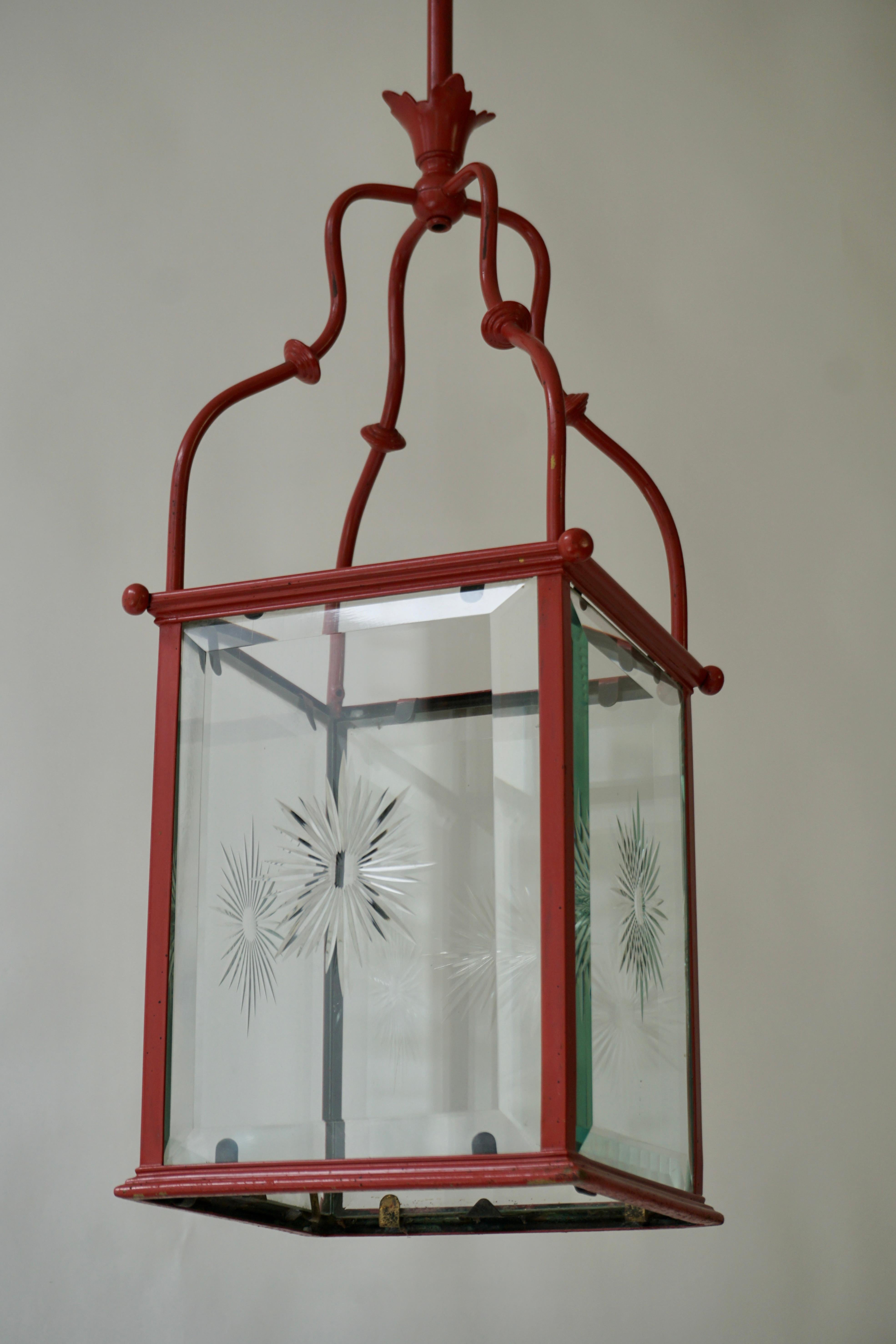 Painted An Italian Red Tole Metal Lantern with Cut Glass, Early 20th C. For Sale