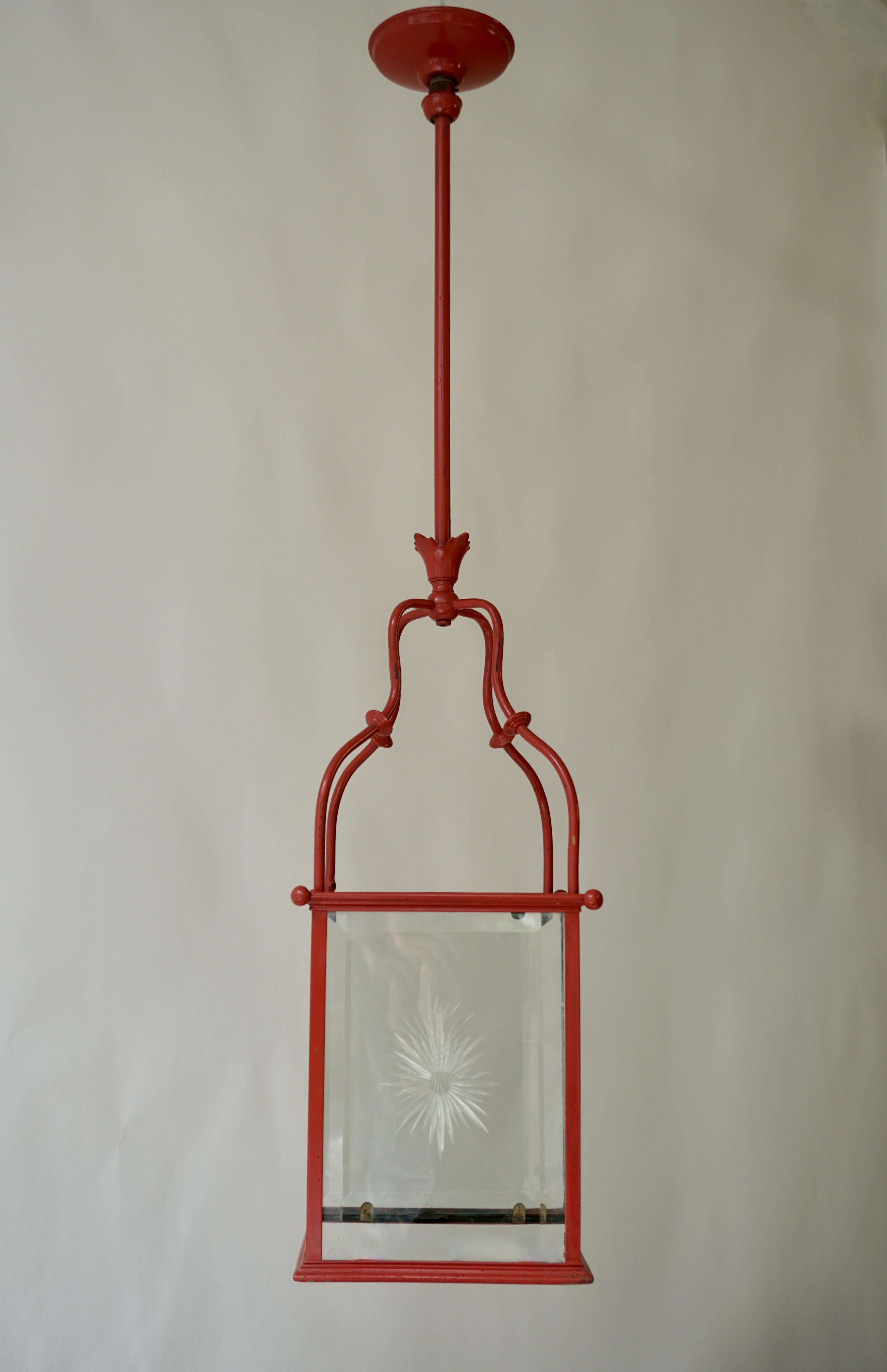 20th Century An Italian Red Tole Metal Lantern with Cut Glass, Early 20th C. For Sale