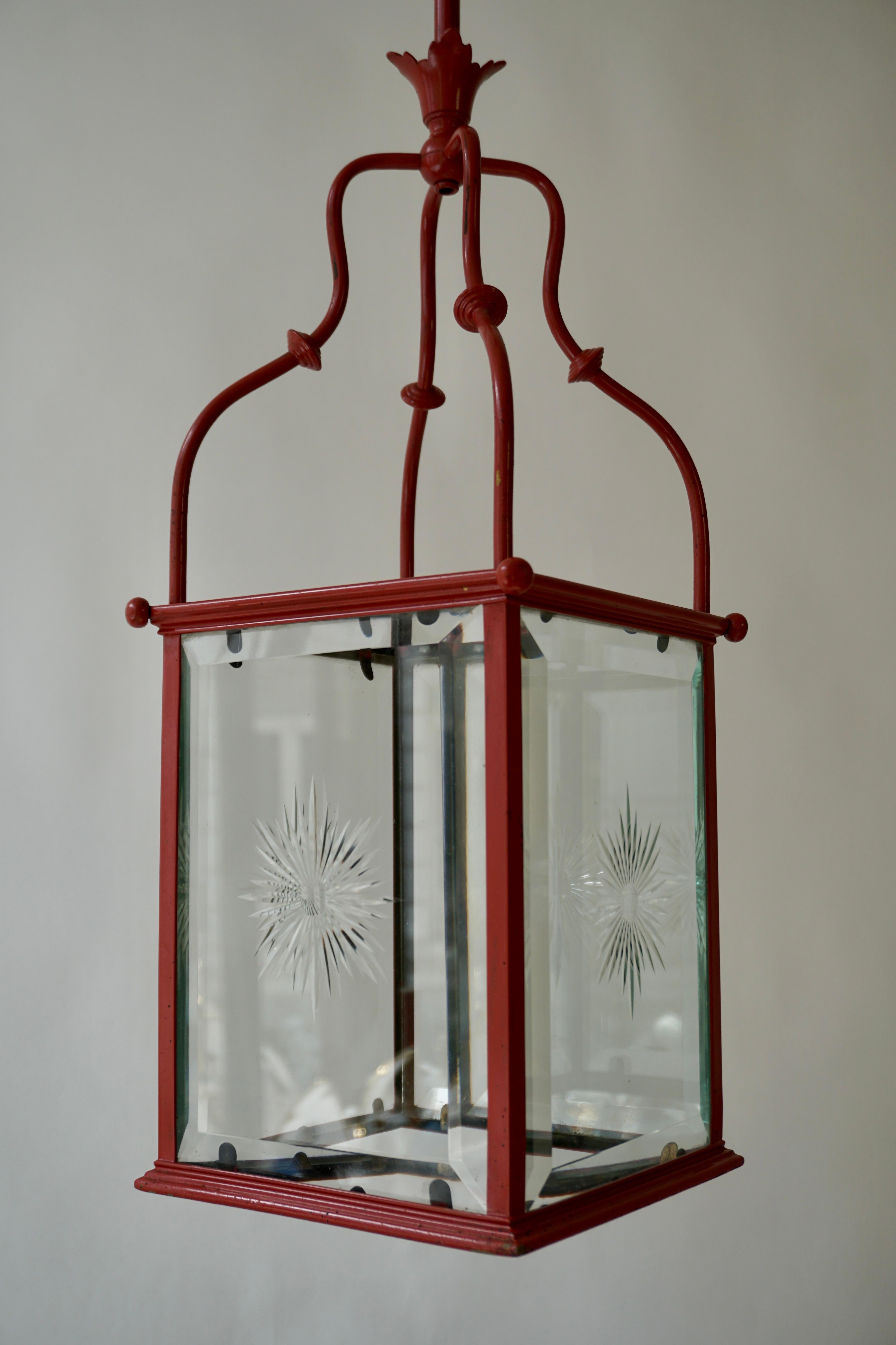 An Italian Red Tole Metal Lantern with Cut Glass, Early 20th C. For Sale 1