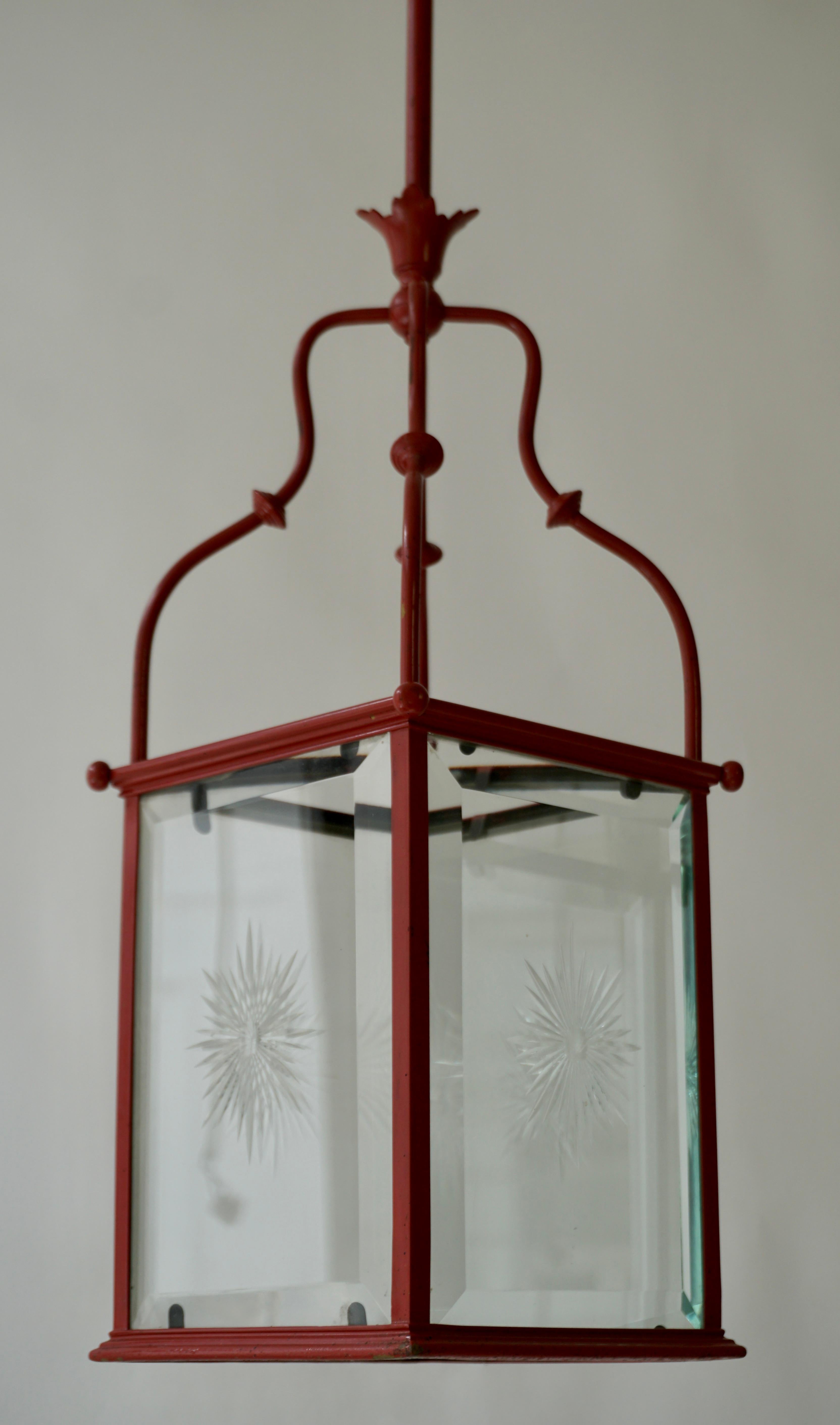 An Italian Red Tole Metal Lantern with Cut Glass, Early 20th C. For Sale 2