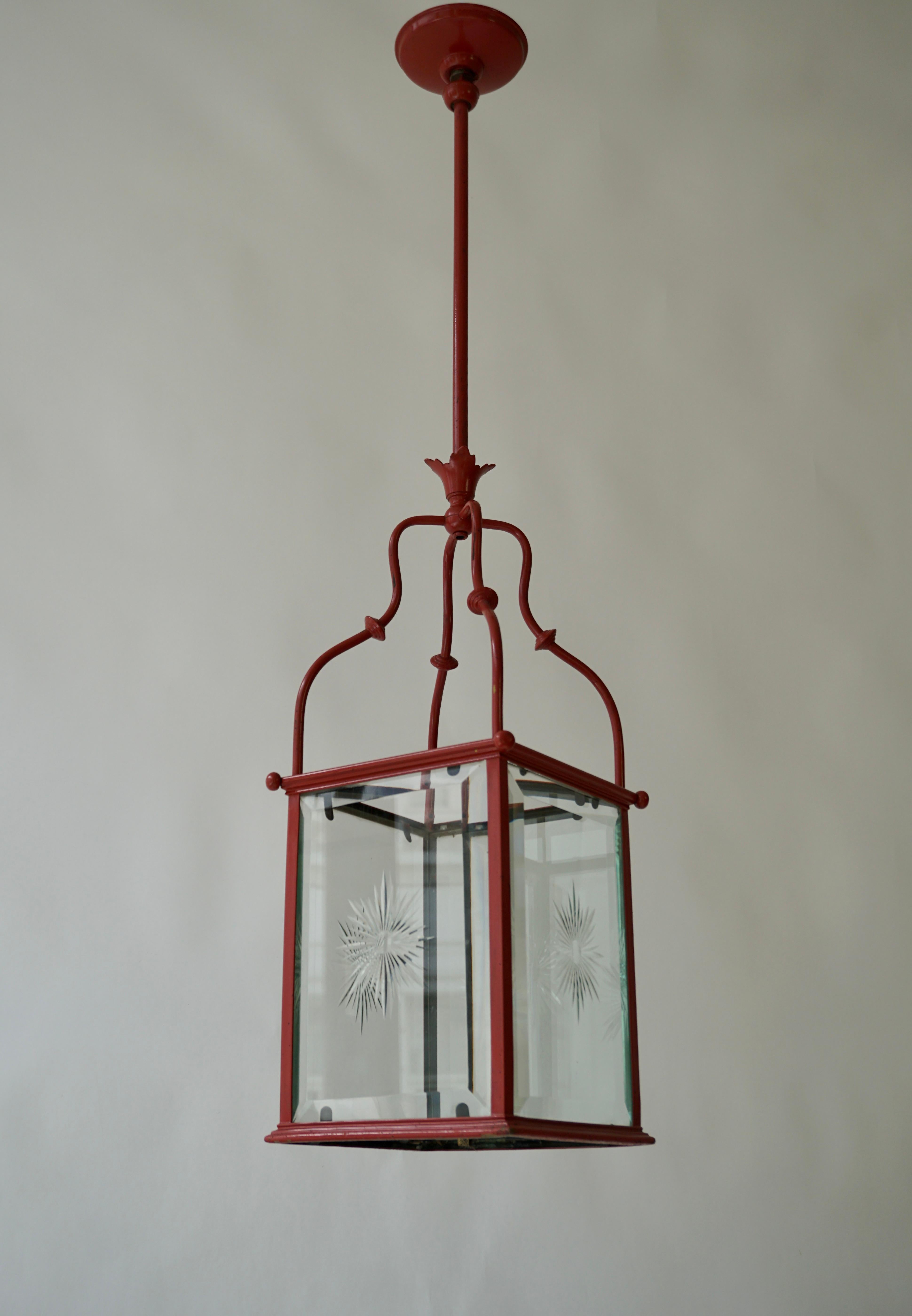 An Italian Red Tole Metal Lantern with Cut Glass, Early 20th C. For Sale 3