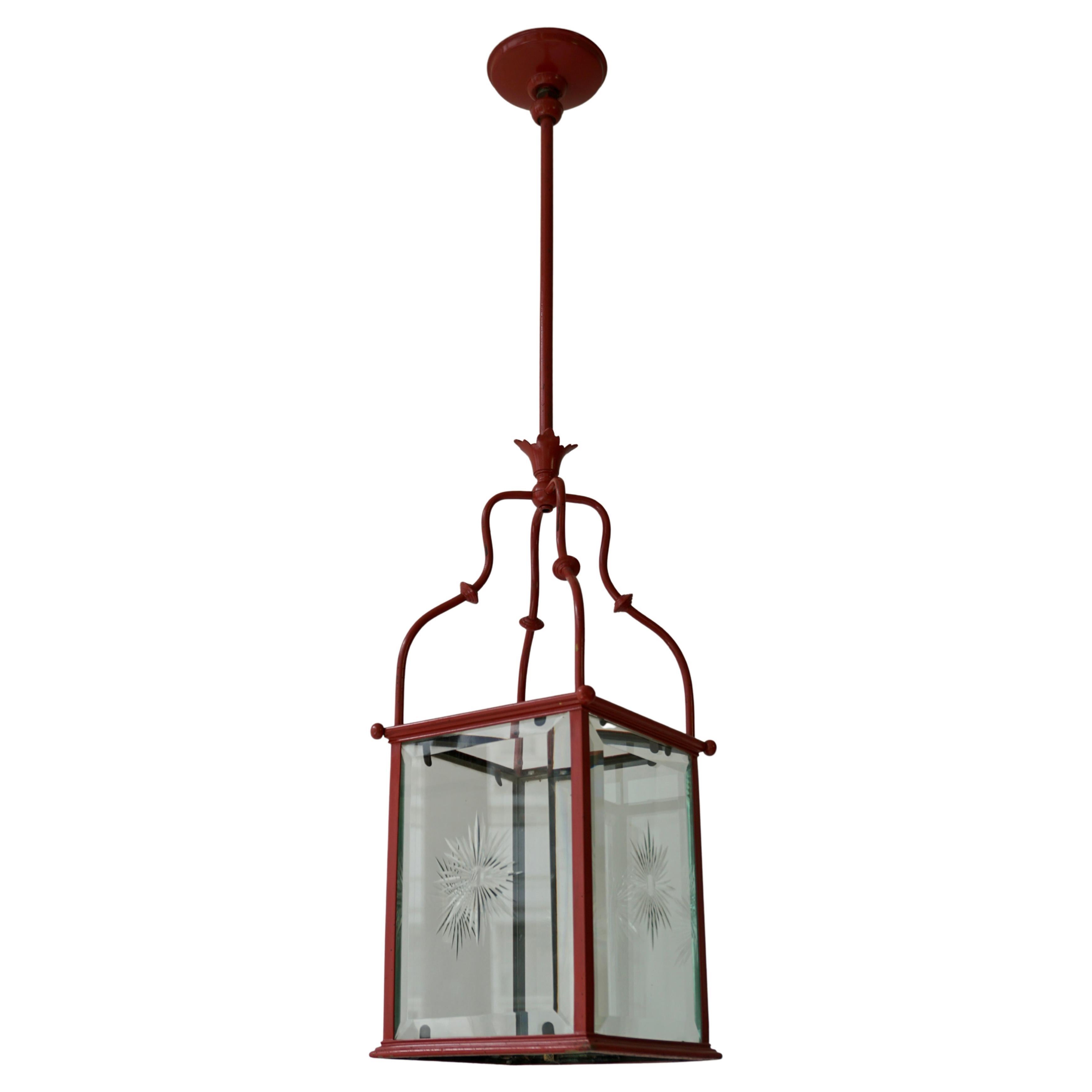 An Italian Red Tole Metal Lantern with Cut Glass, Early 20th C. For Sale