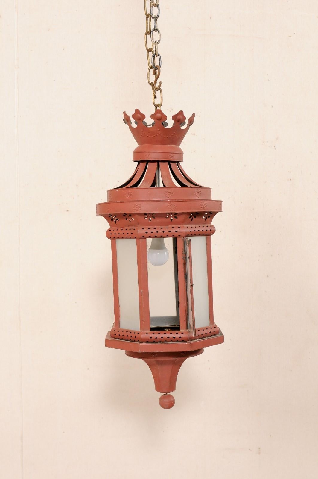An Italian Red Tole Metal Single-Light Lantern with Crown Top, Early 20th C. 5