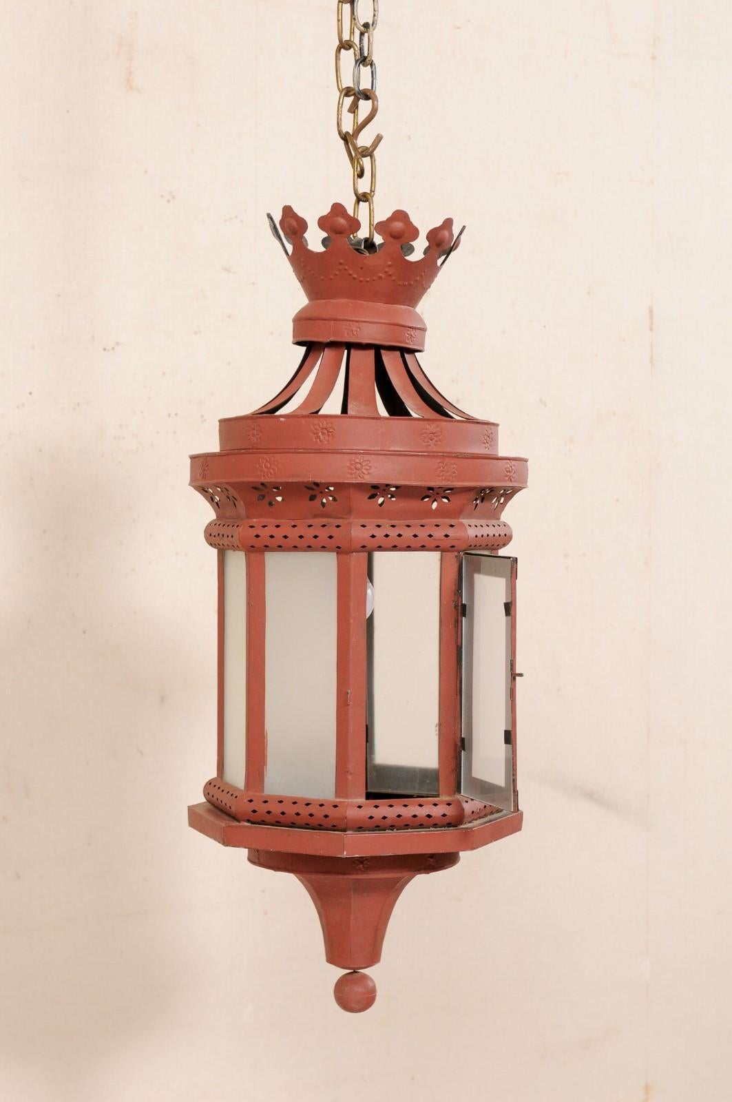 An Italian Red Tole Metal Single-Light Lantern with Crown Top, Early 20th C. 6