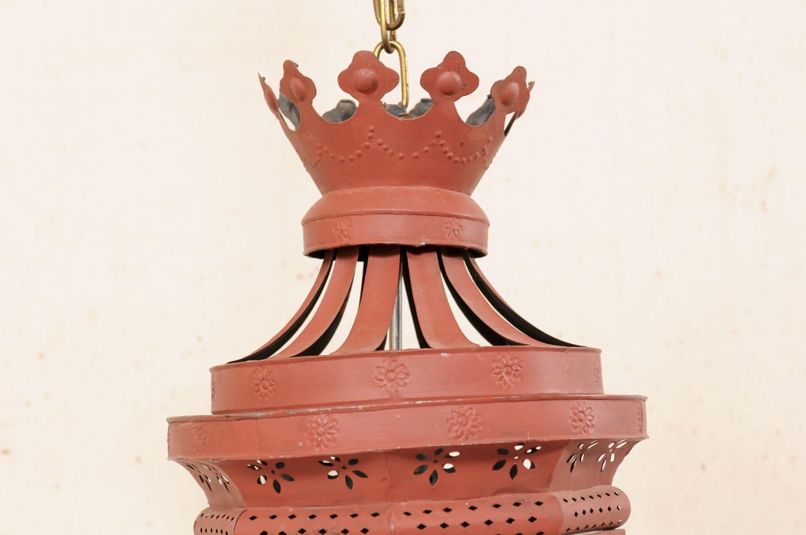 20th Century An Italian Red Tole Metal Single-Light Lantern with Crown Top, Early 20th C.