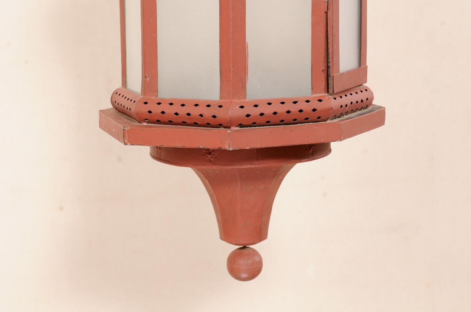 Glass An Italian Red Tole Metal Single-Light Lantern with Crown Top, Early 20th C.