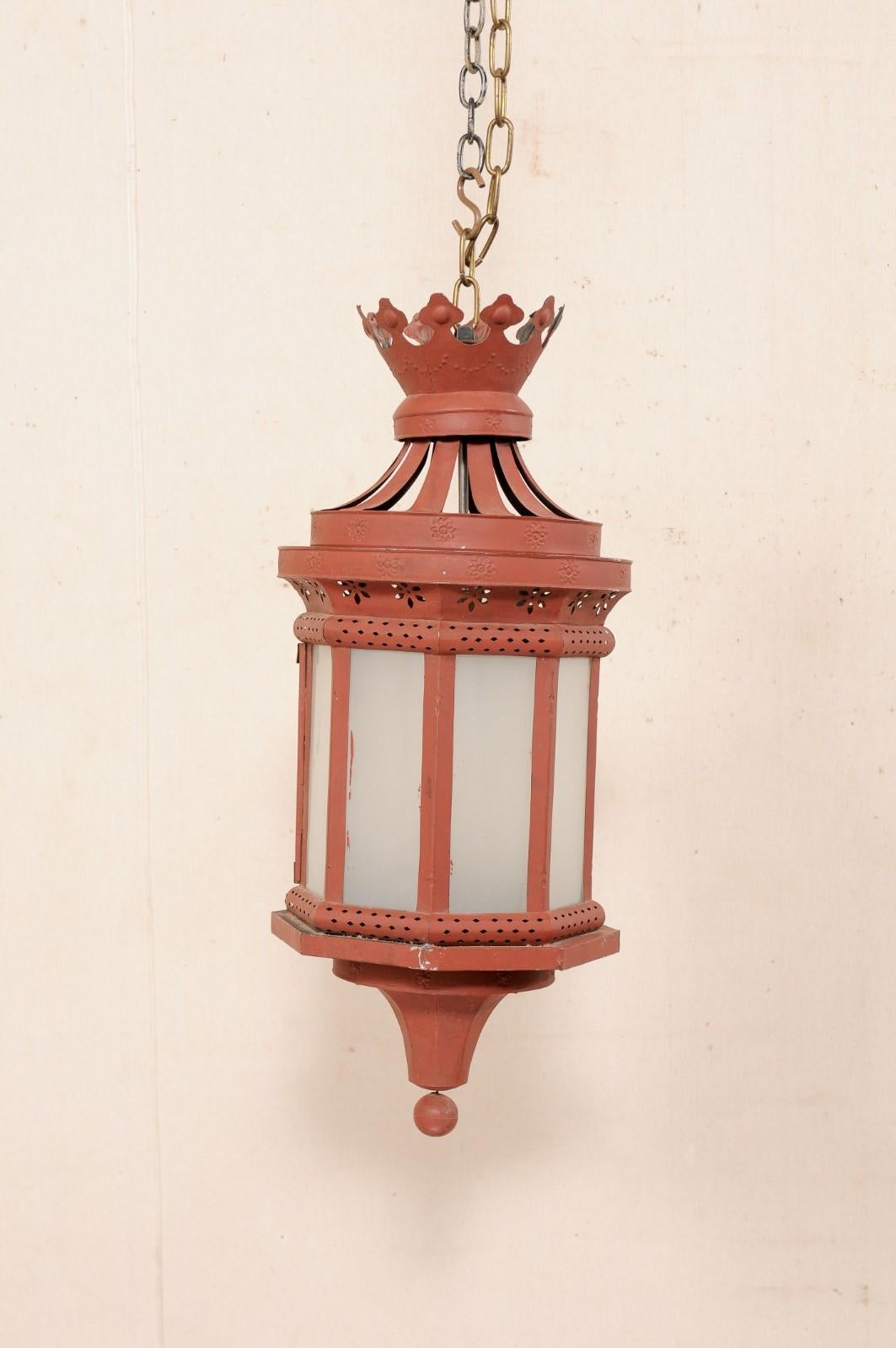 An Italian Red Tole Metal Single-Light Lantern with Crown Top, Early 20th C. 1