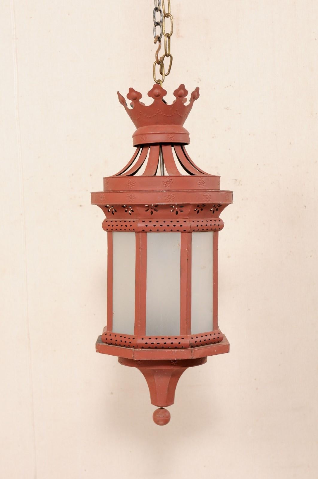 An Italian Red Tole Metal Single-Light Lantern with Crown Top, Early 20th C. 2