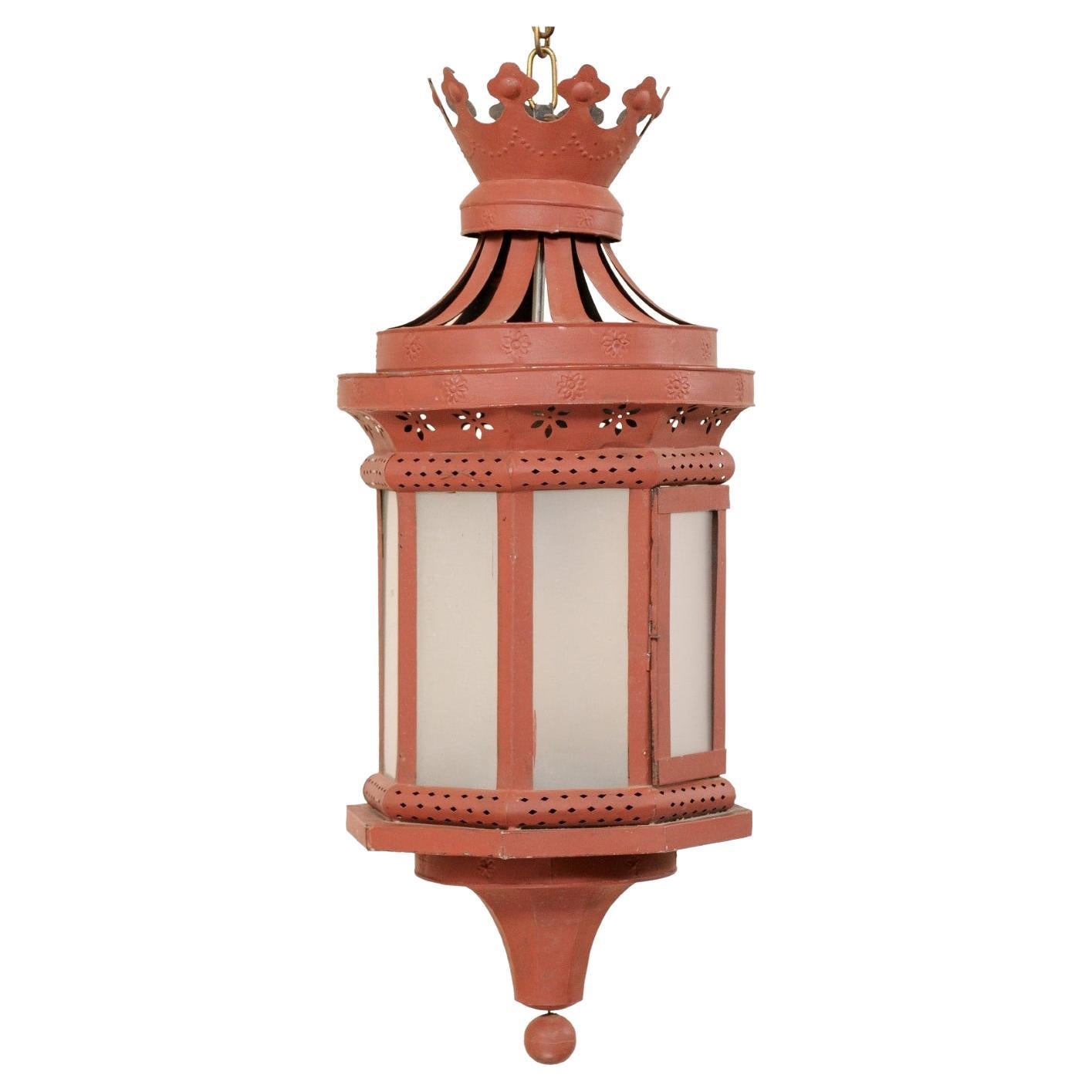 An Italian Red Tole Metal Single-Light Lantern with Crown Top, Early 20th C.