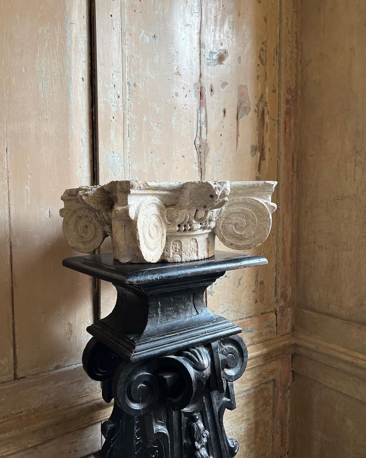 A wonderful Italian renaissance Istrian stone ionic capital, c.1500. Bold volutes and fluting with drilled egg & dart detail.

Measures - 15cm H x 37cm W x 37cm D.
