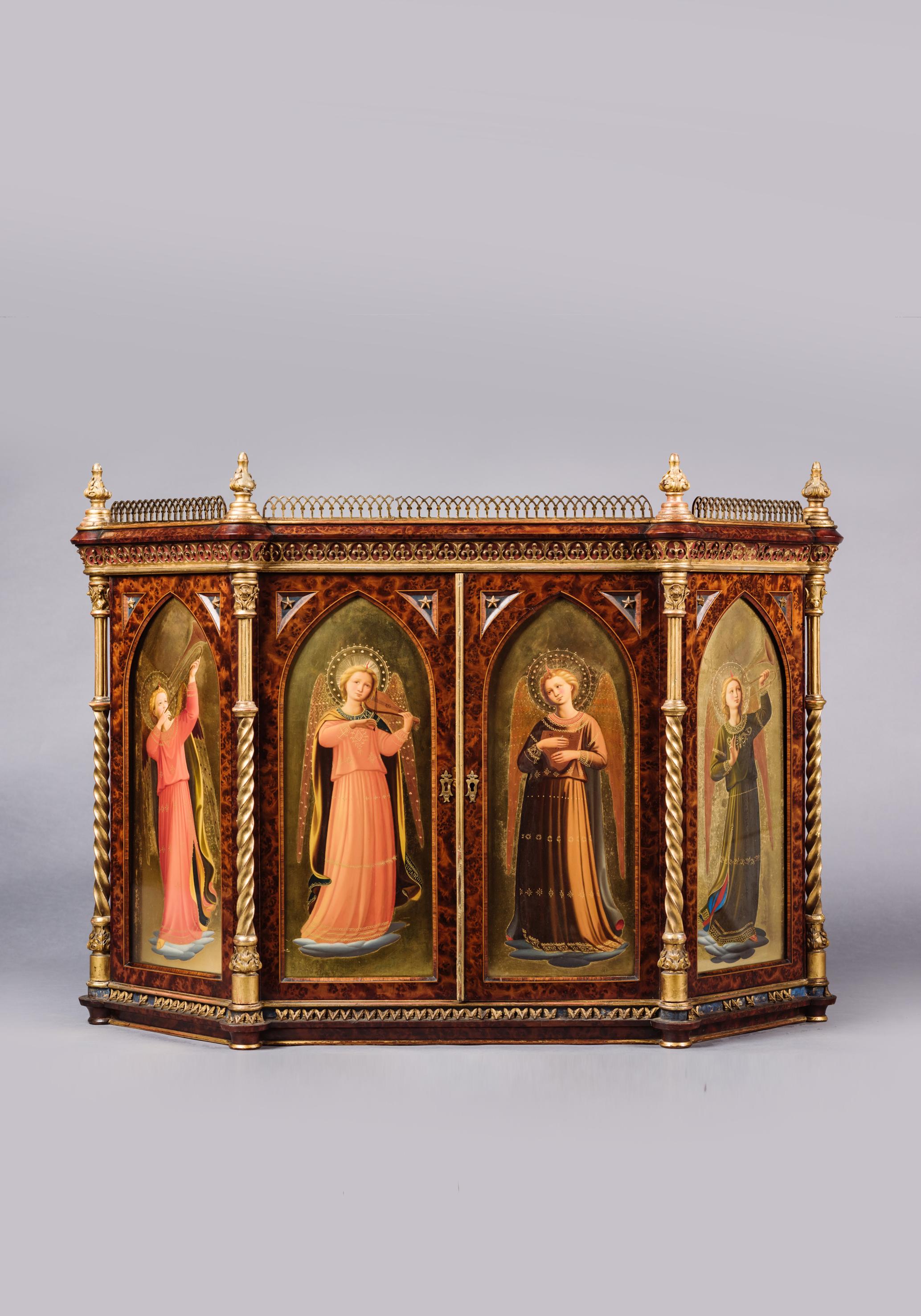 An Italian renaissance revival burr yew wood and parcel-gilt painted table cabinet, by Raphaello Cipriani.

Italian, circa 1870.

The cabinet is inscribed on the back, RAFFAELLO Cipriani FECE VIA DI BARDI 334 FIRENZE.
  