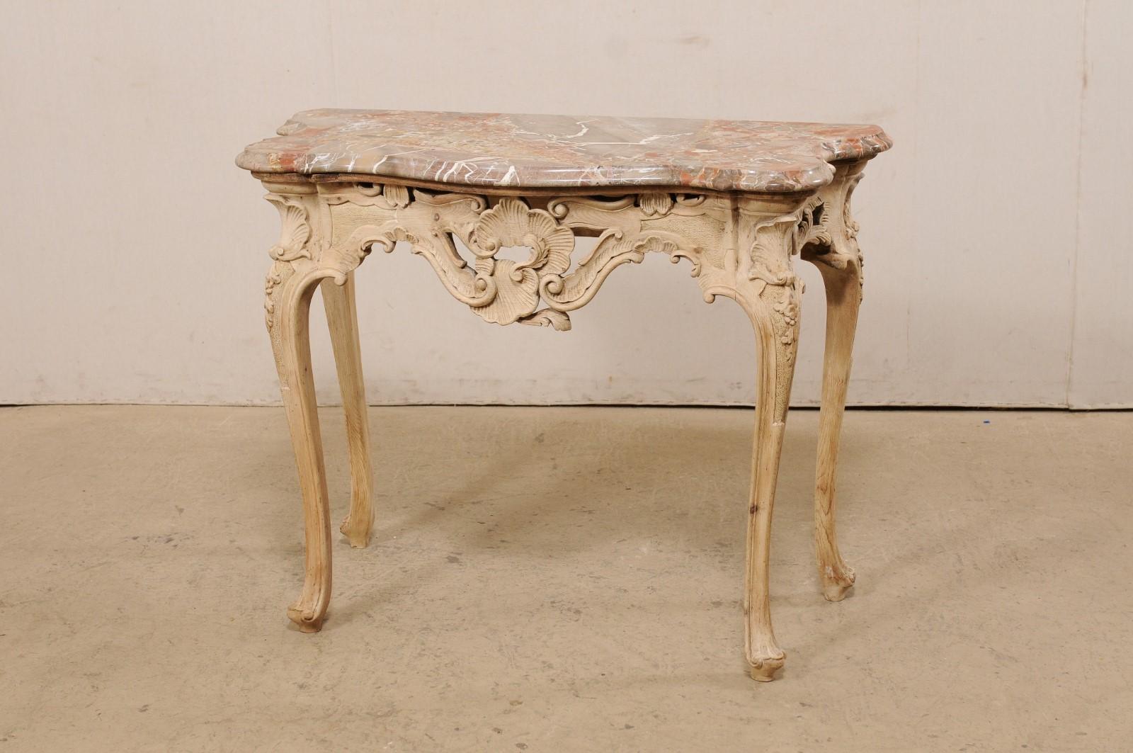 Italian Rococo-Style Carved & Bleached Console Table W/ Original Marble Top   7
