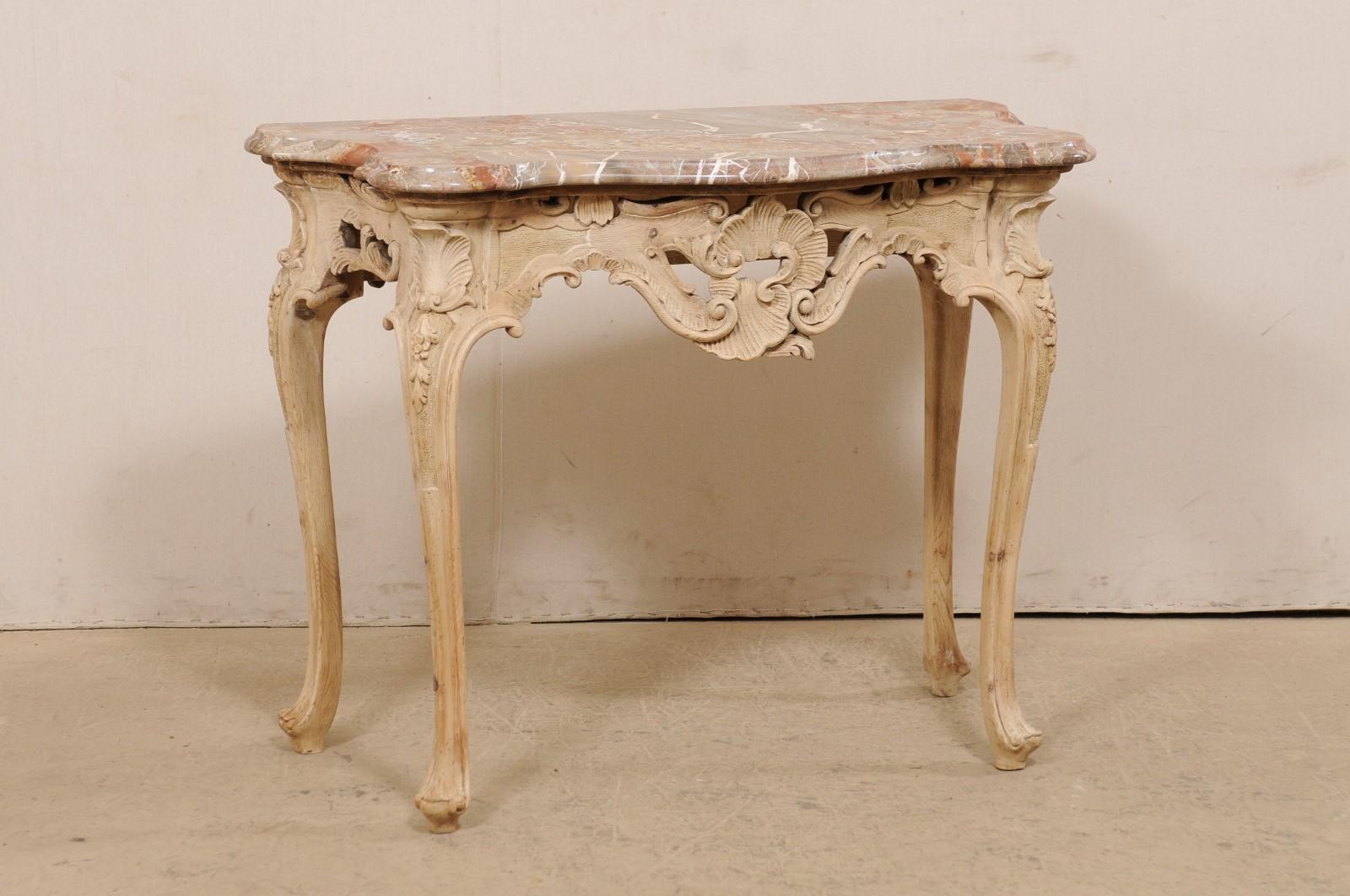 Italian Rococo-Style Carved & Bleached Console Table W/ Original Marble Top   In Good Condition In Atlanta, GA